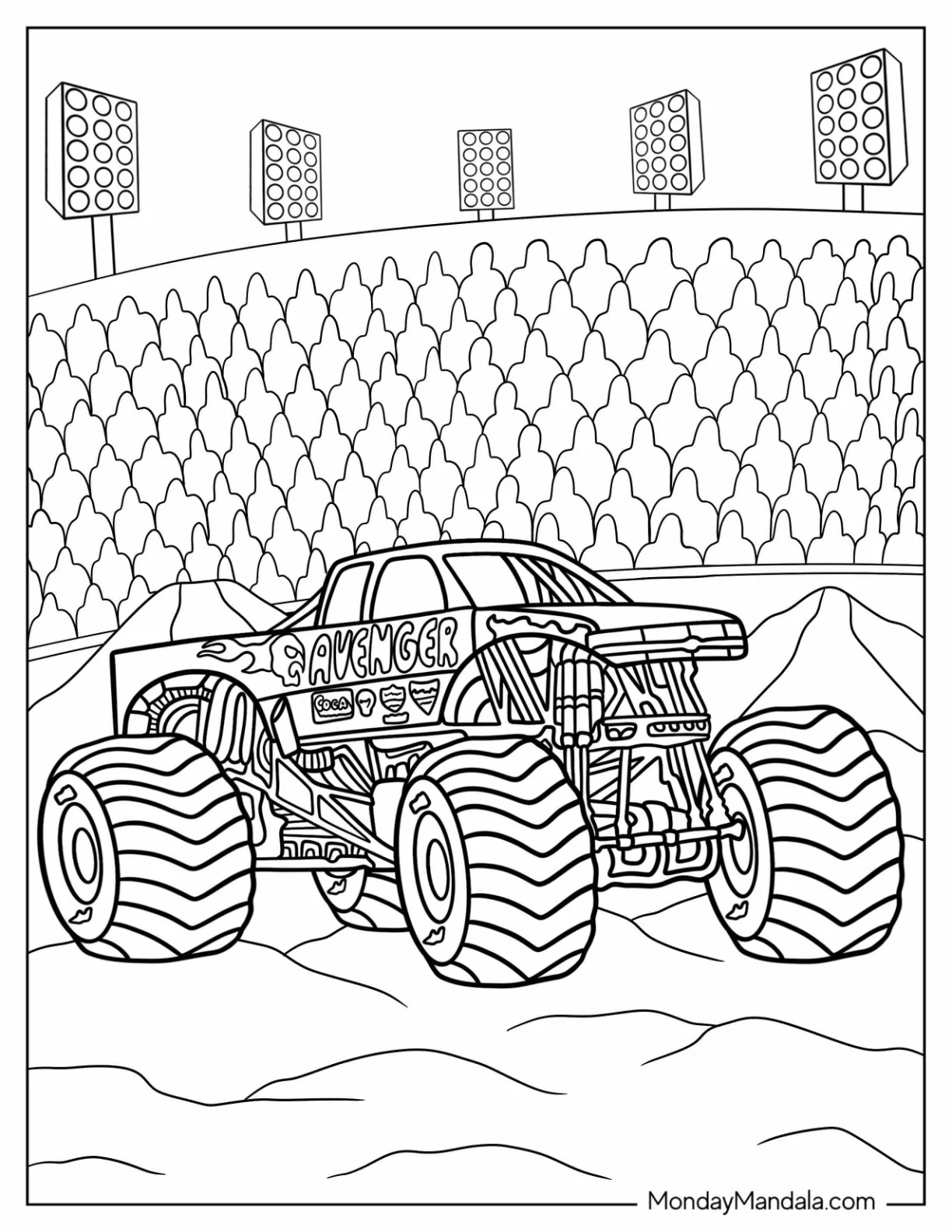 Monster Jam Coloring Page Of Avenger In Arena coloring page — printable line art
