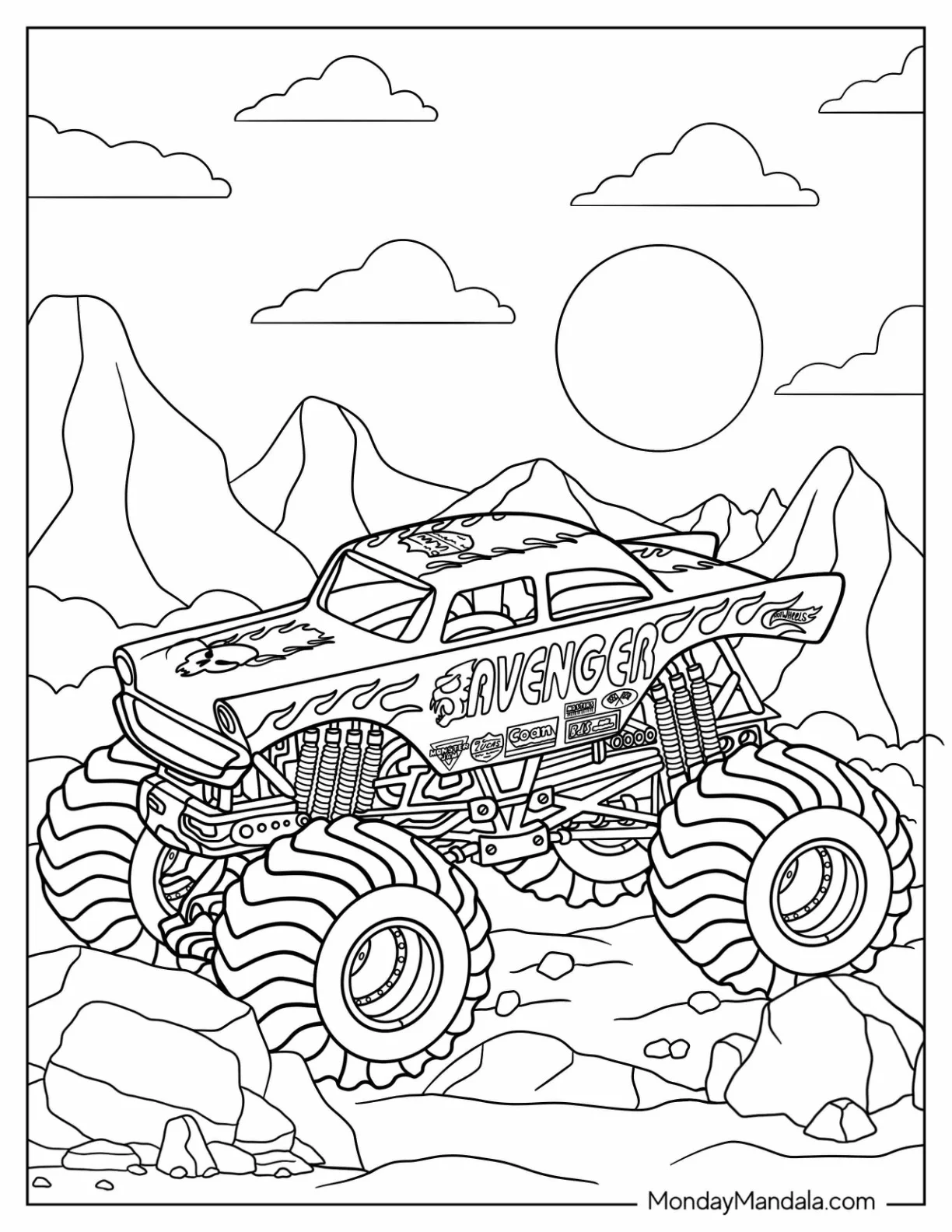 Monster Jam Coloring Page Of Avenger Truck On Rocky Terrain coloring page — printable line art