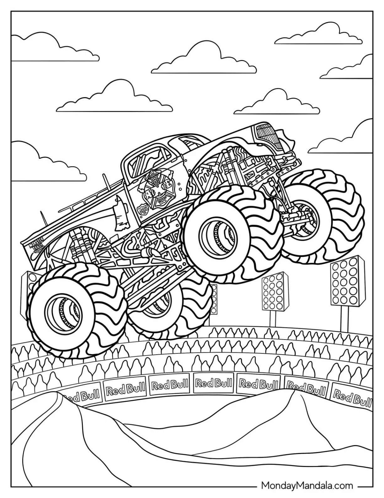 Monster Jam Coloring Page Of Axe Truck High Up In The Air coloring page
