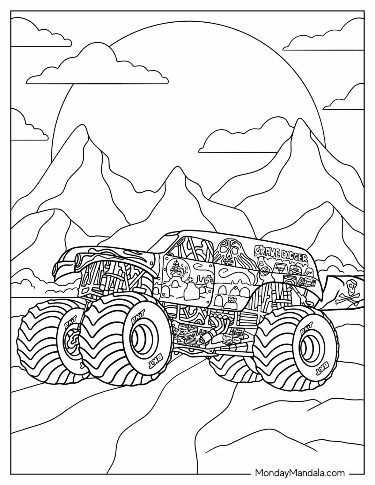Monster Jam Coloring Page Of Grave Digger In The Desert For Kids coloring page
