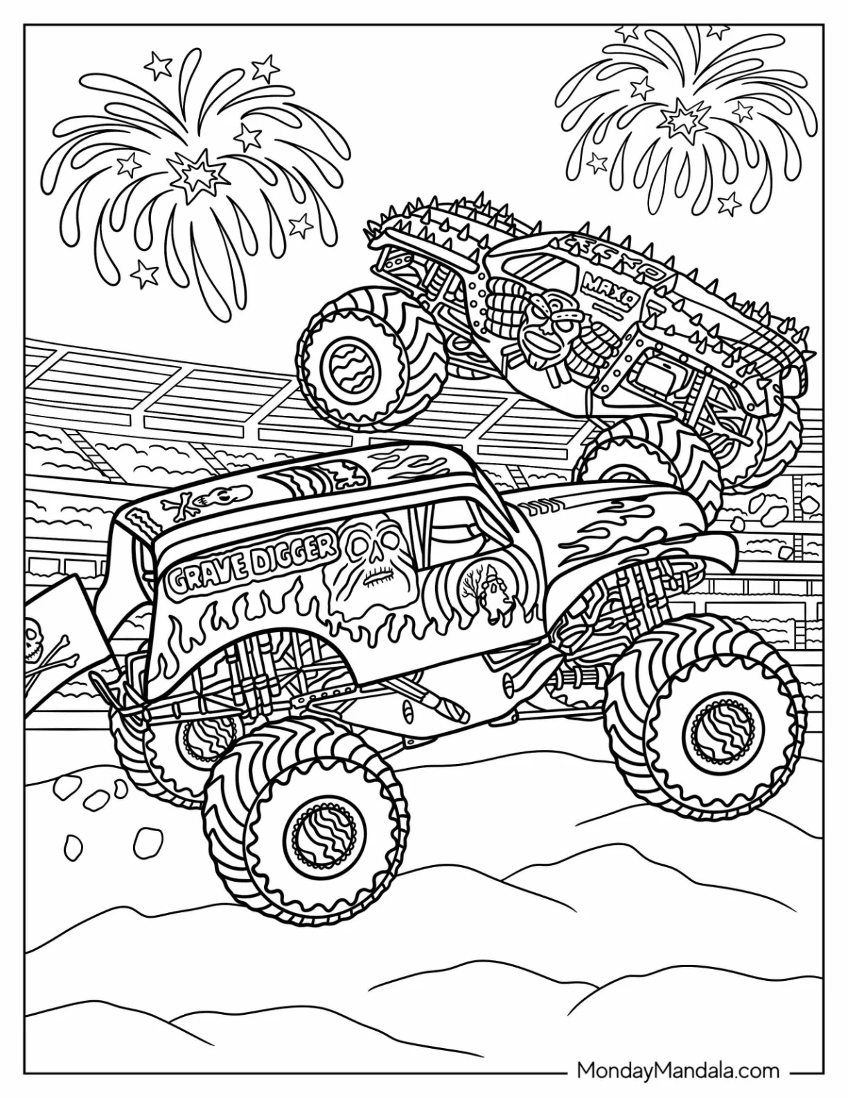 Monster Jam Coloring Page Of Grave Digger With Fireworks coloring page