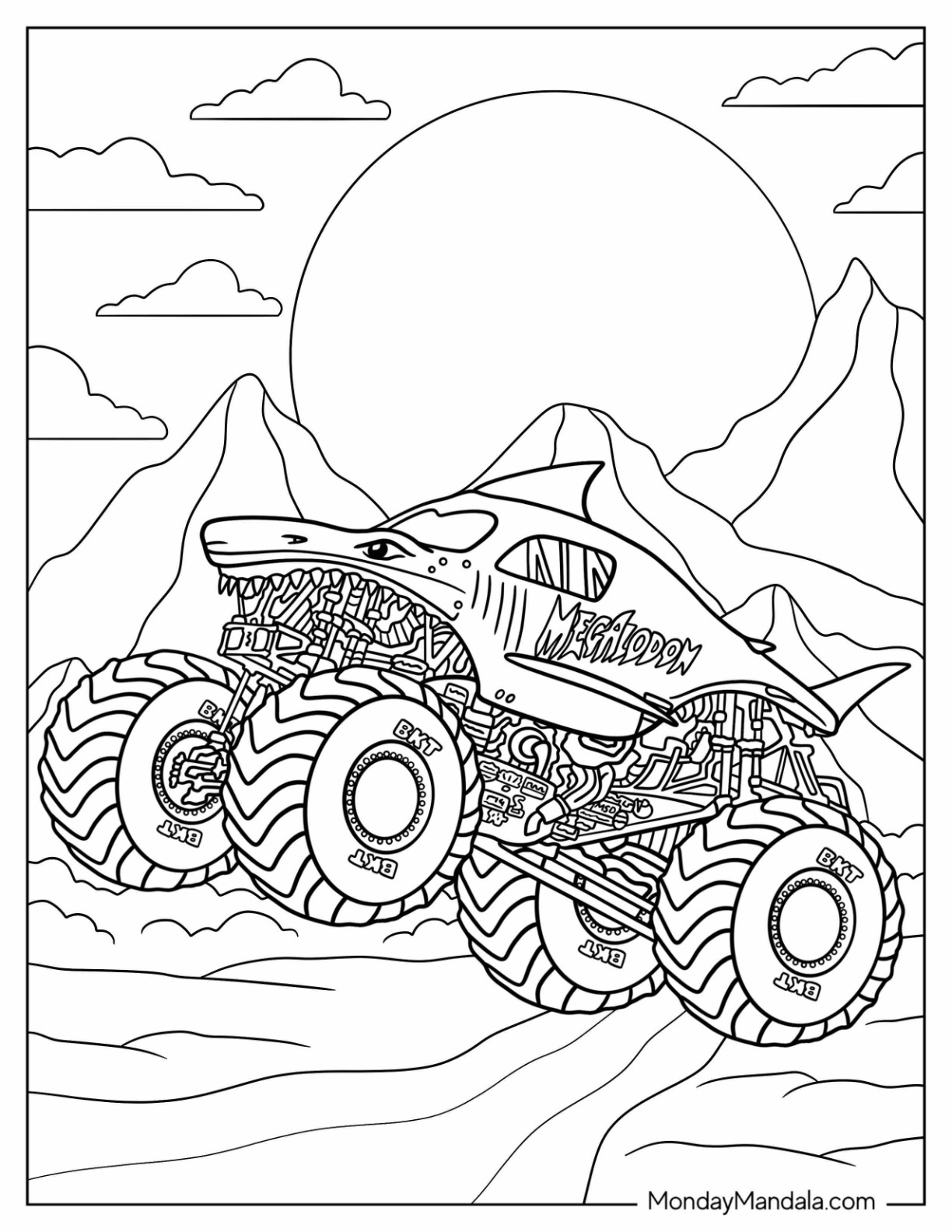 Monster Jam Coloring Page Of Megalodon Truck In Desert coloring page