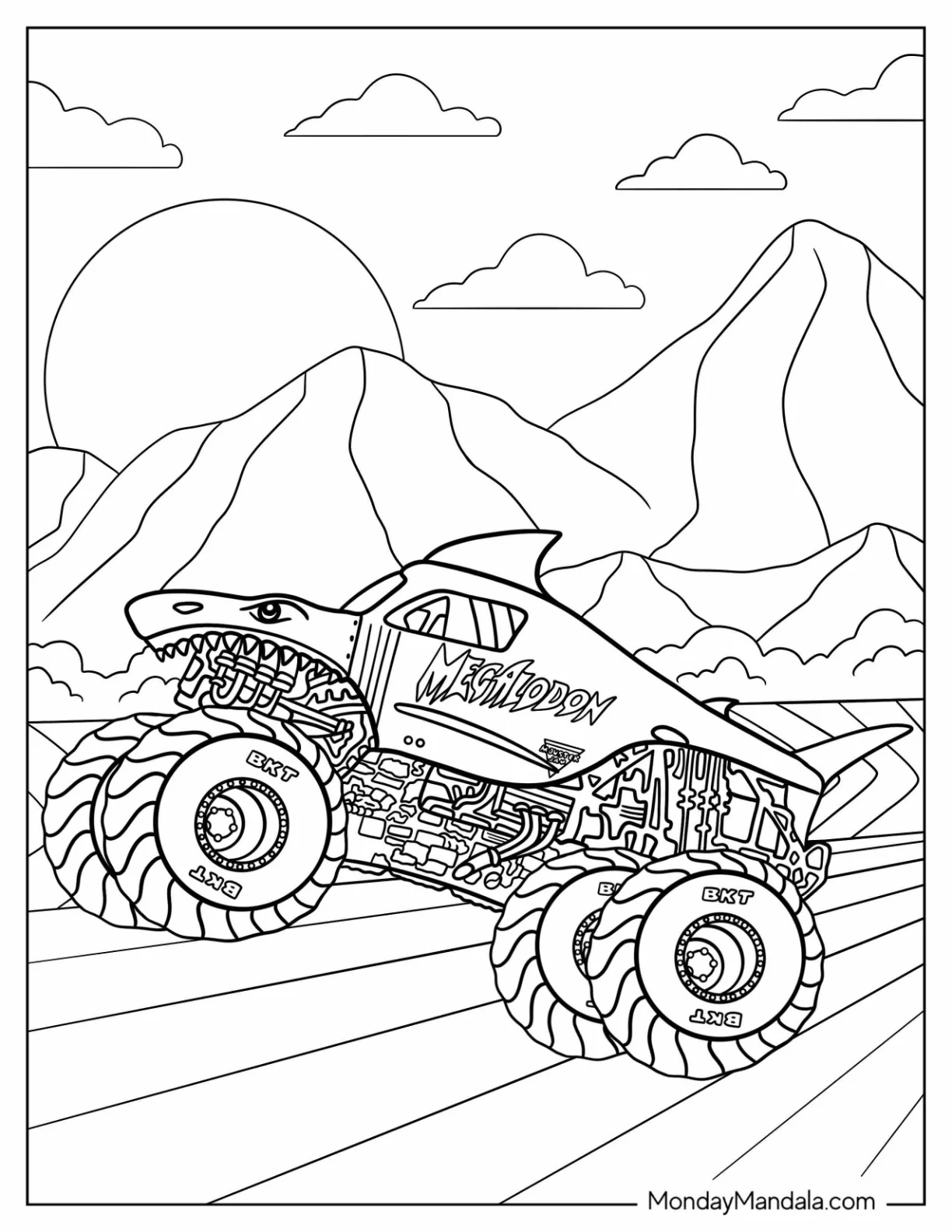 Monster Jam Coloring Page Of Megalodon Truck On The Road coloring page