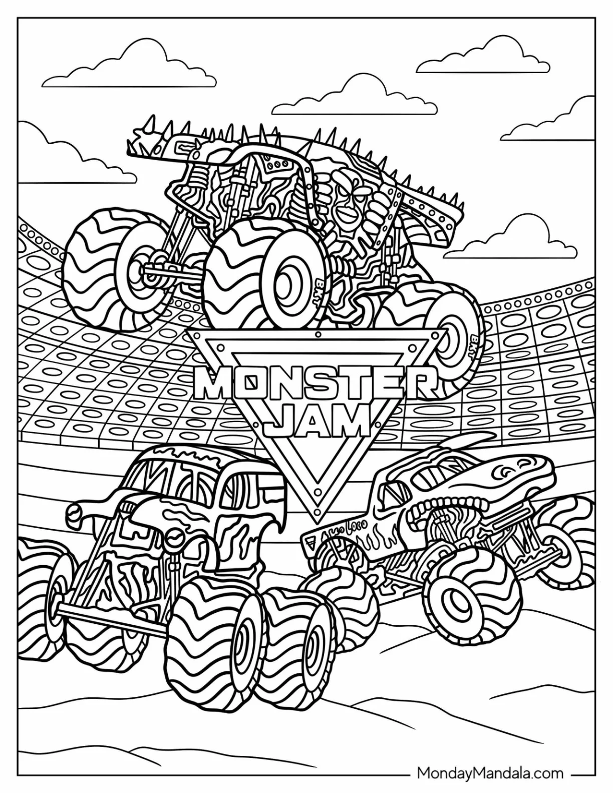Monster Jam Coloring Page Of Poster With Trucks In Arena coloring page
