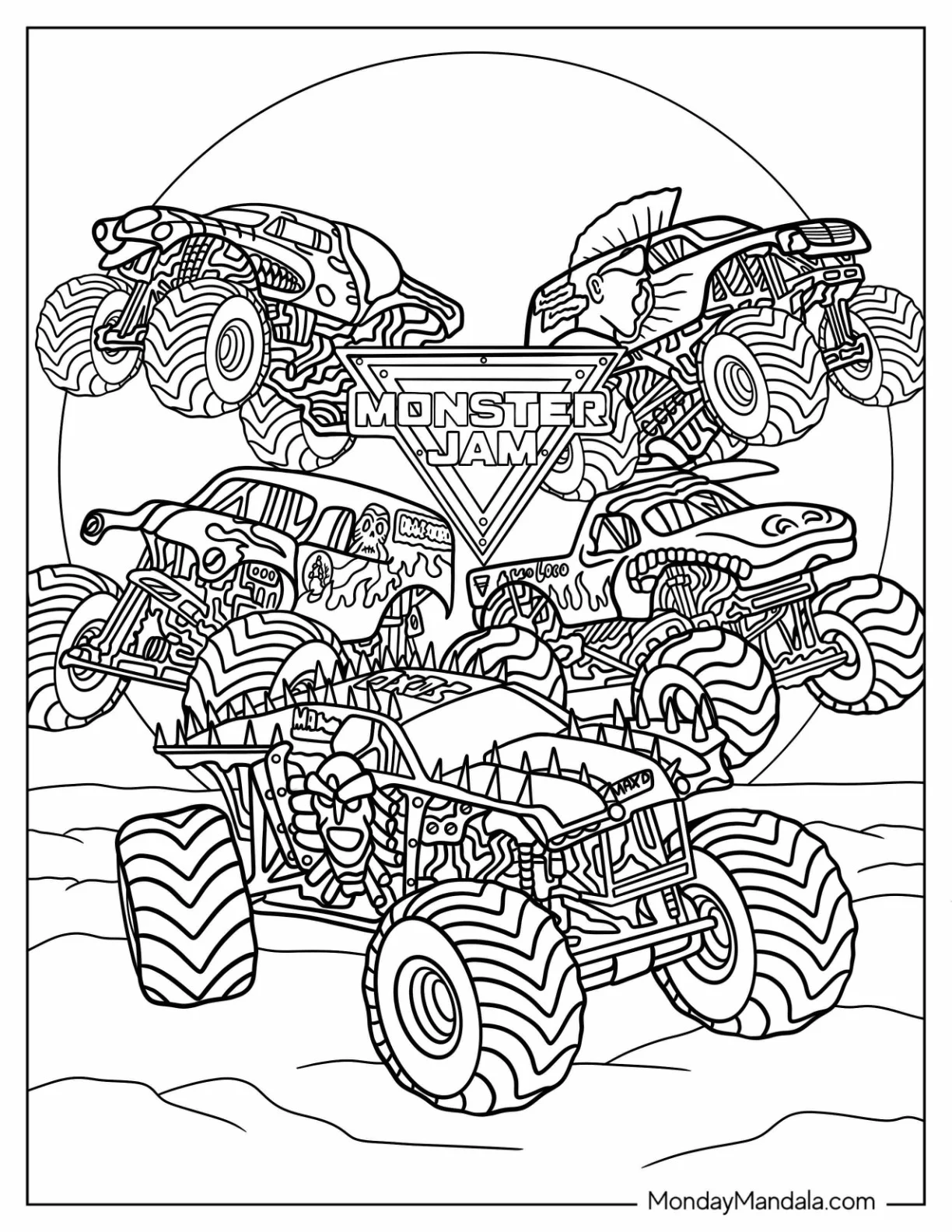 Monster Jam Coloring Page Of Poster With Trucks coloring page