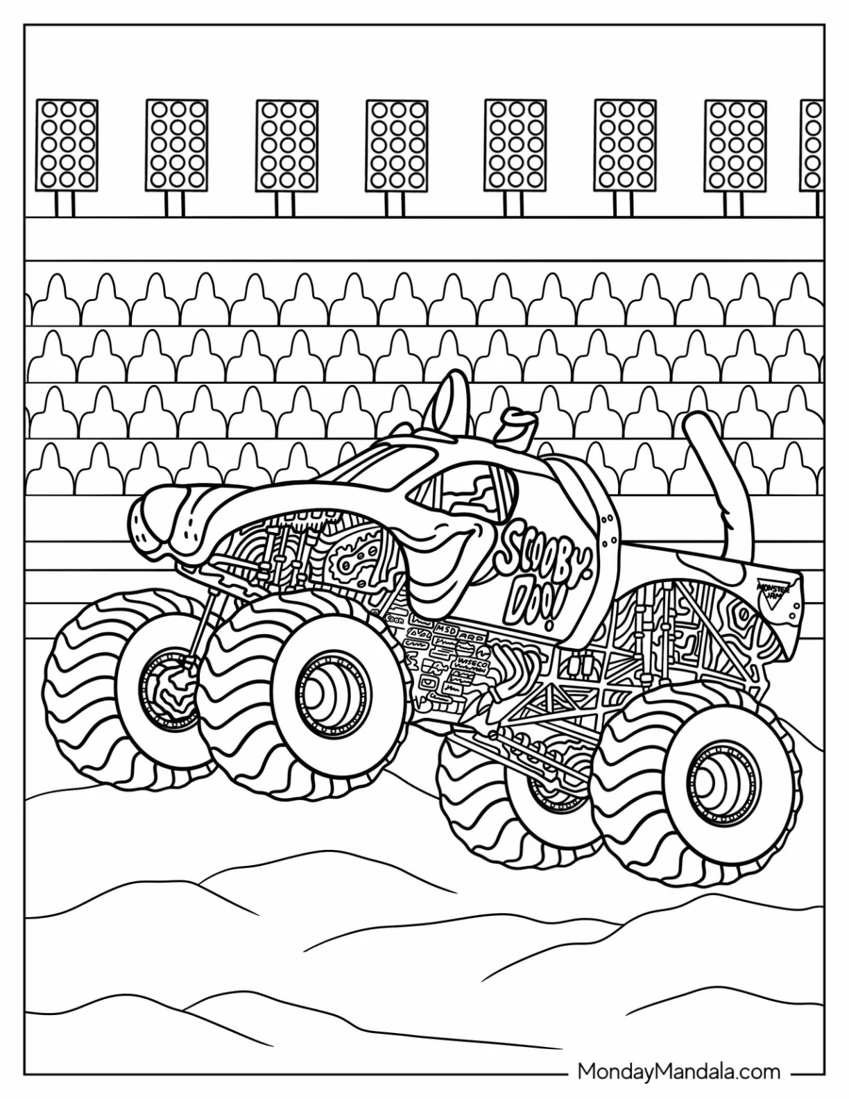 Monster Jam Coloring Page Of Scooby Doo Truck In Arena coloring page