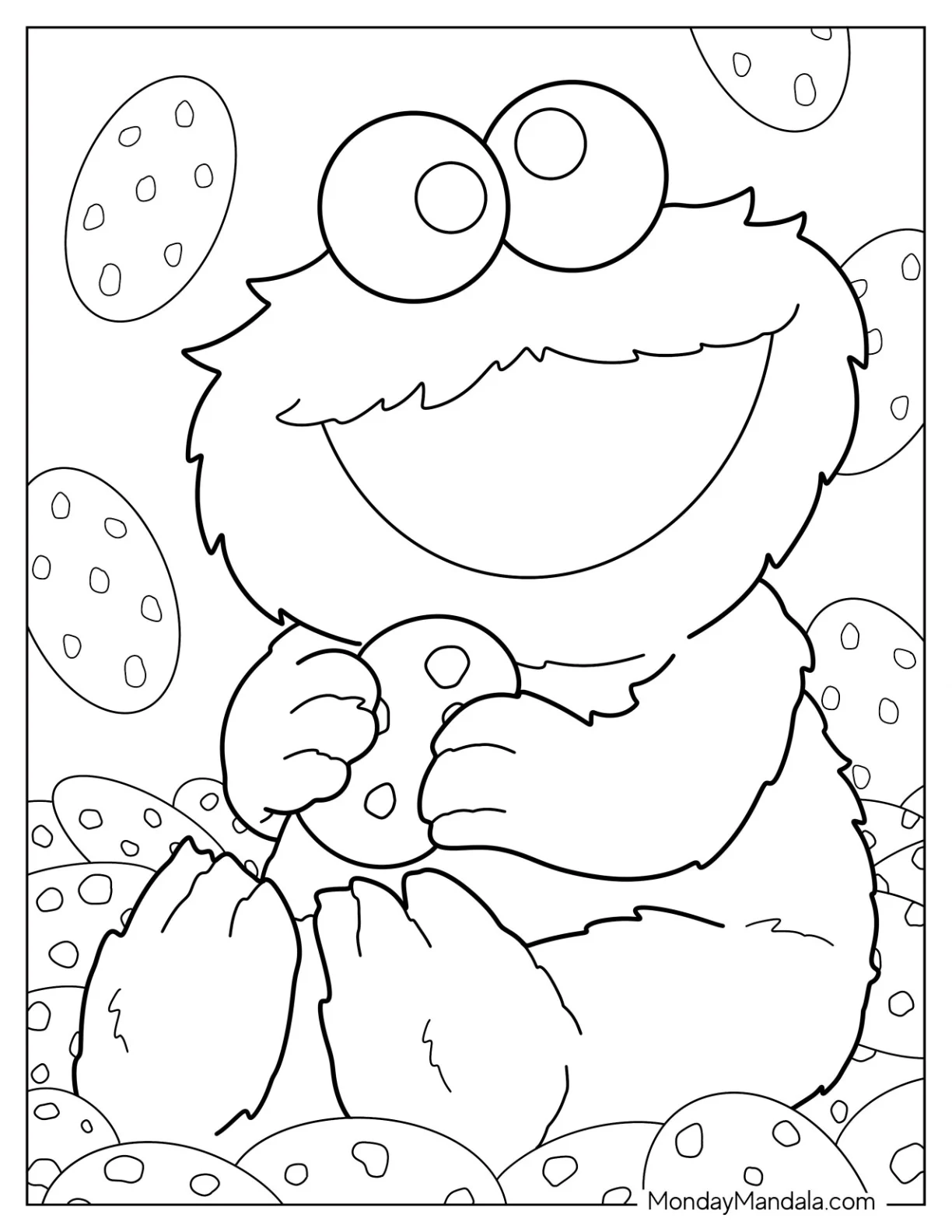 Baby Cookie Monster Coloring Page Surrounded By Cookies coloring page