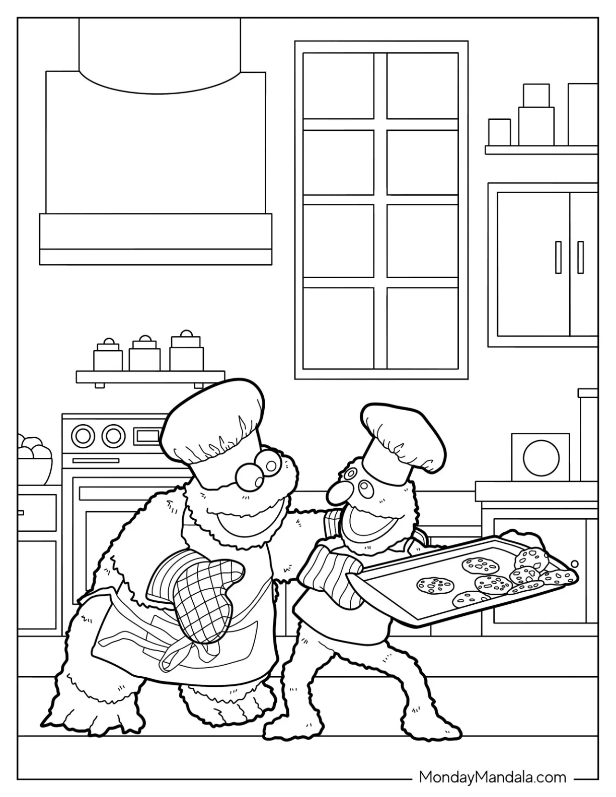 Cookie Monster Coloring Page And Grover Carrying Cookie Tray coloring page — printable line art