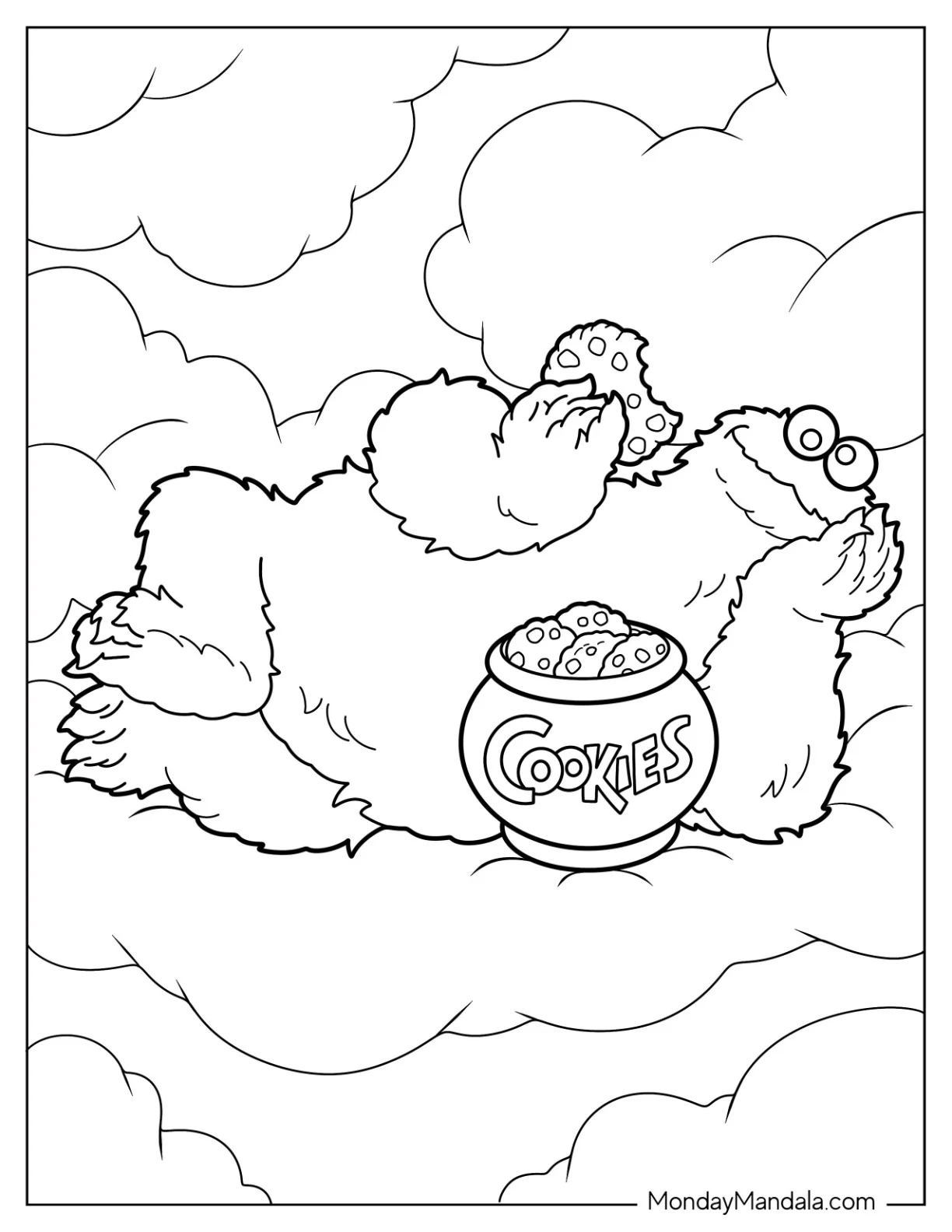 Cookie Monster Coloring Page In The Clouds With Cookie Jar coloring page — printable line art