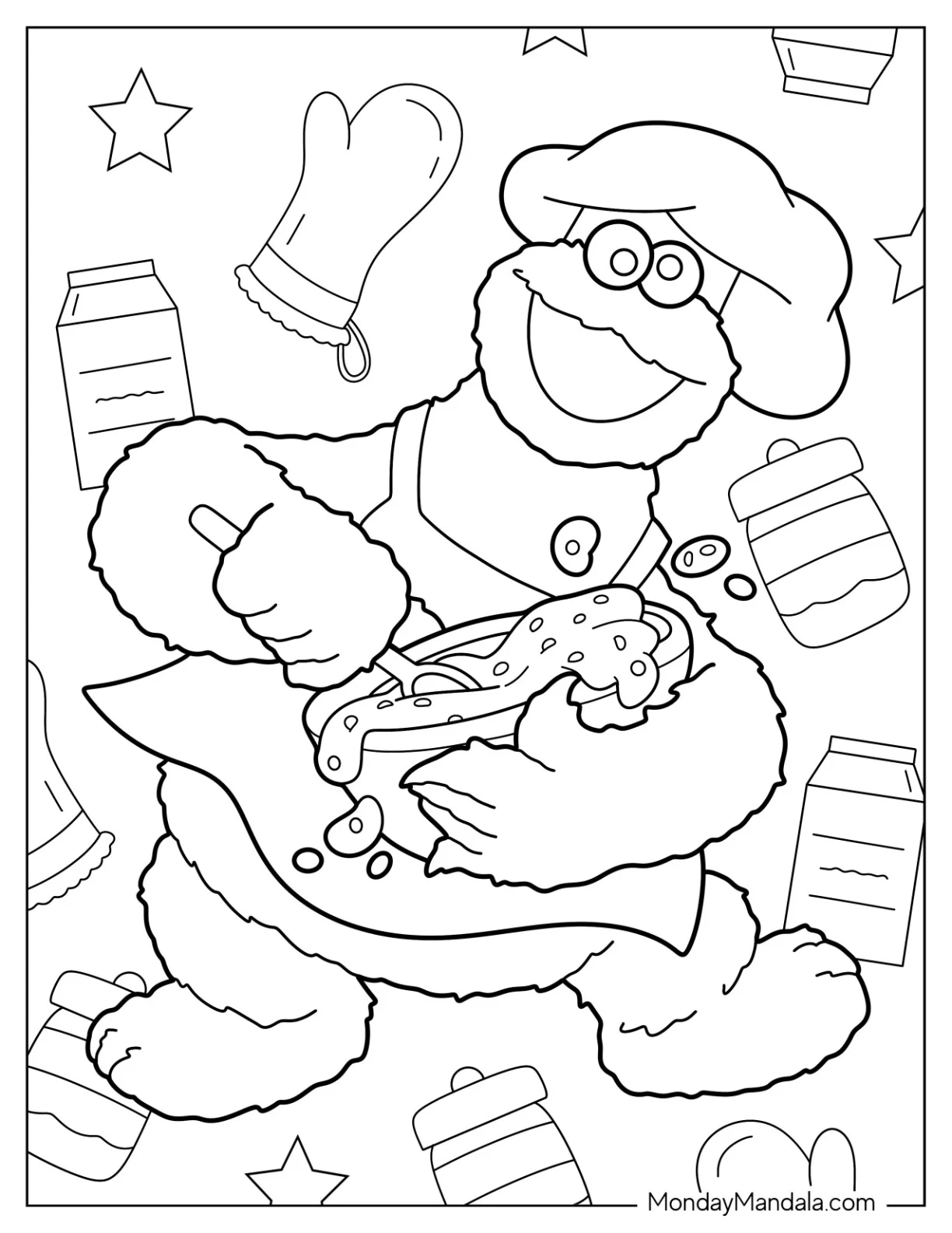 Cookie Monster Coloring Page Mixing Cookie Dough For Kids coloring page — printable line art