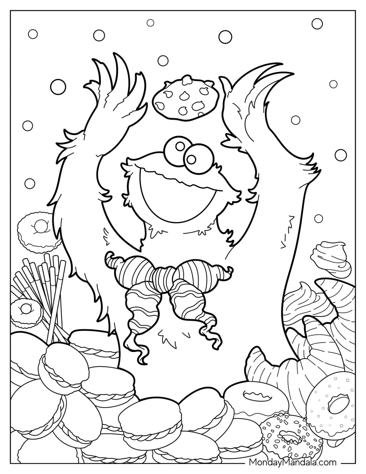 Cookie Monster Coloring Page Surrounded By Cookies And Sweets coloring page — printable line art