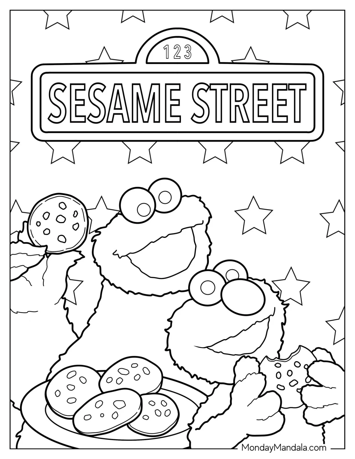 Cookie Monster Coloring Page With Elmo Sesame Street Poster coloring page — printable line art