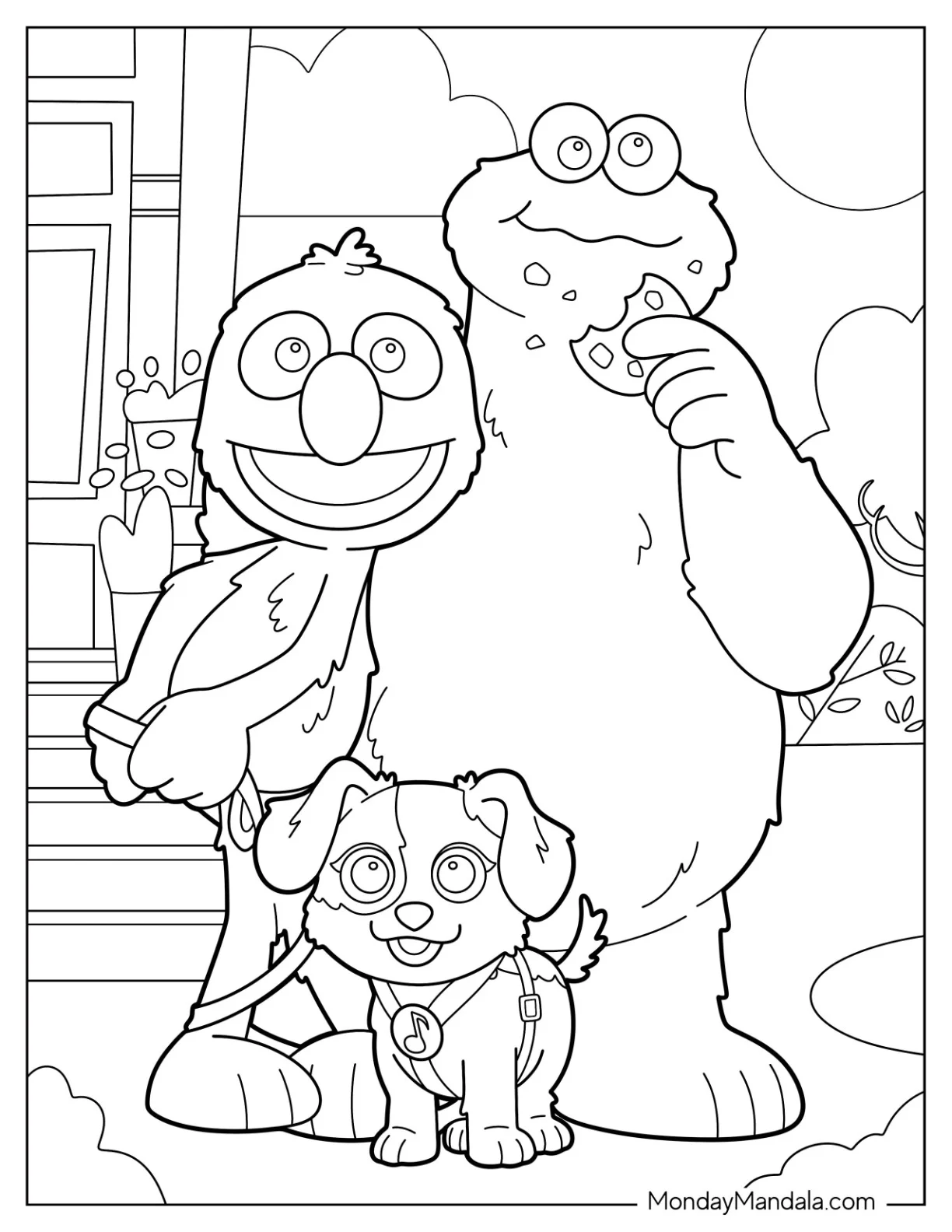 Cookie Monster Coloring Page With Grover And Barkley coloring page