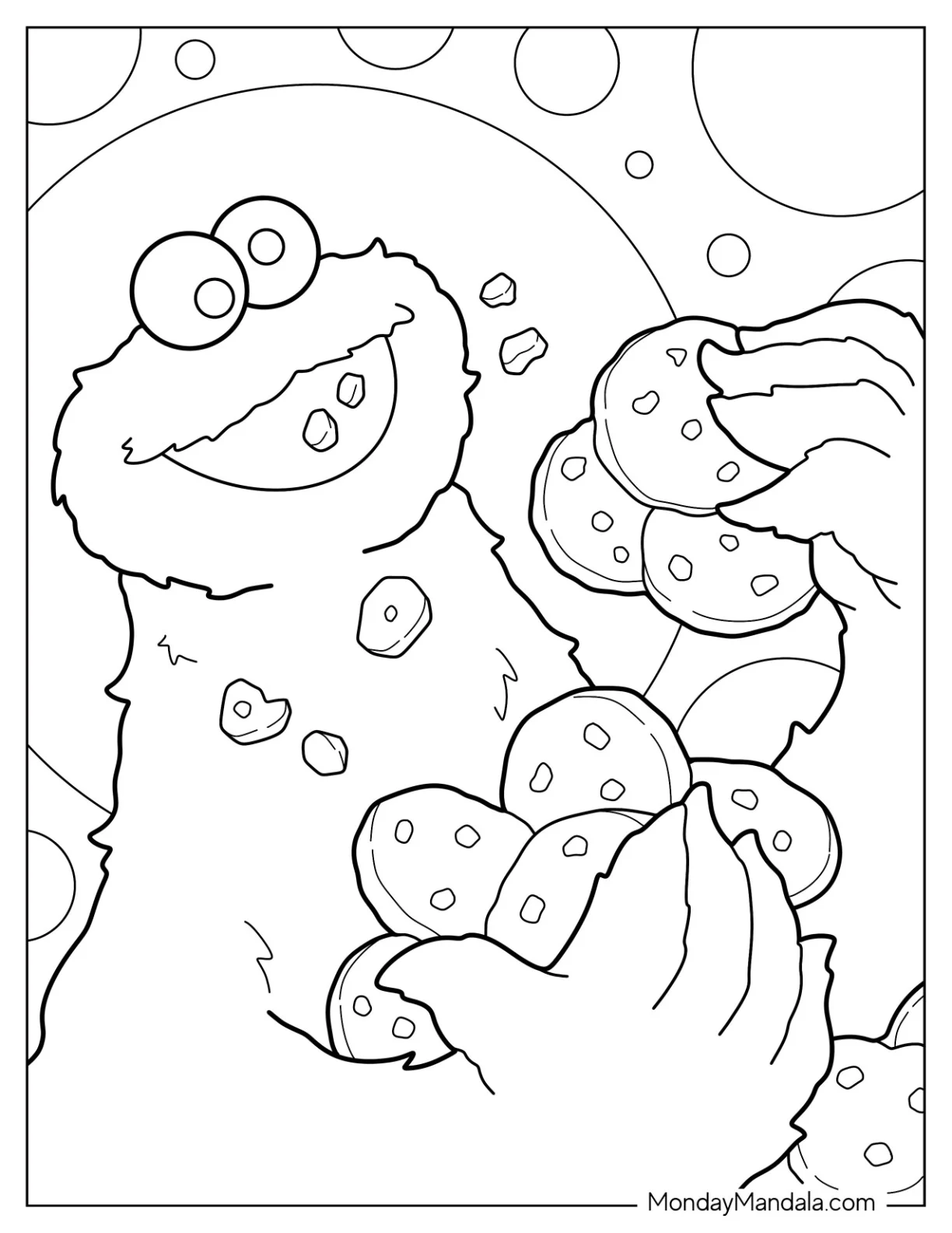 Simple Cookie Monster Coloring Page Eating A Lot Of Cookies coloring page — printable line art
