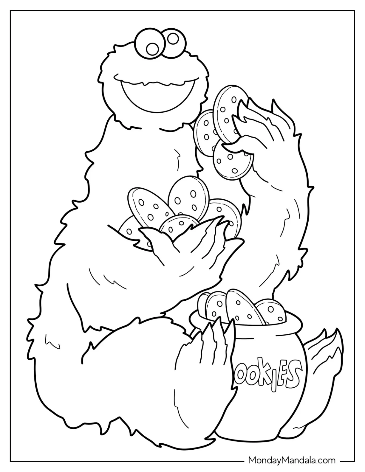 Smiling Cookie Monster Coloring Page Eating Tons Of Cookies coloring page