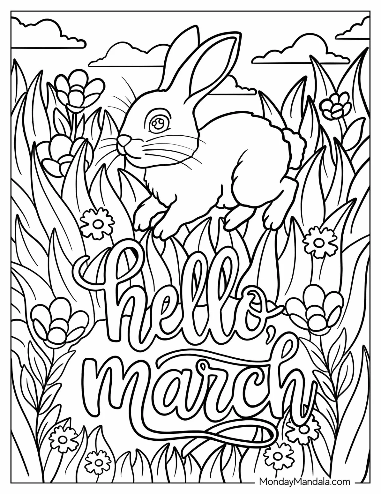 Cute Rabbit Hopping Over Hello March Coloring Page Words For Kids coloring page