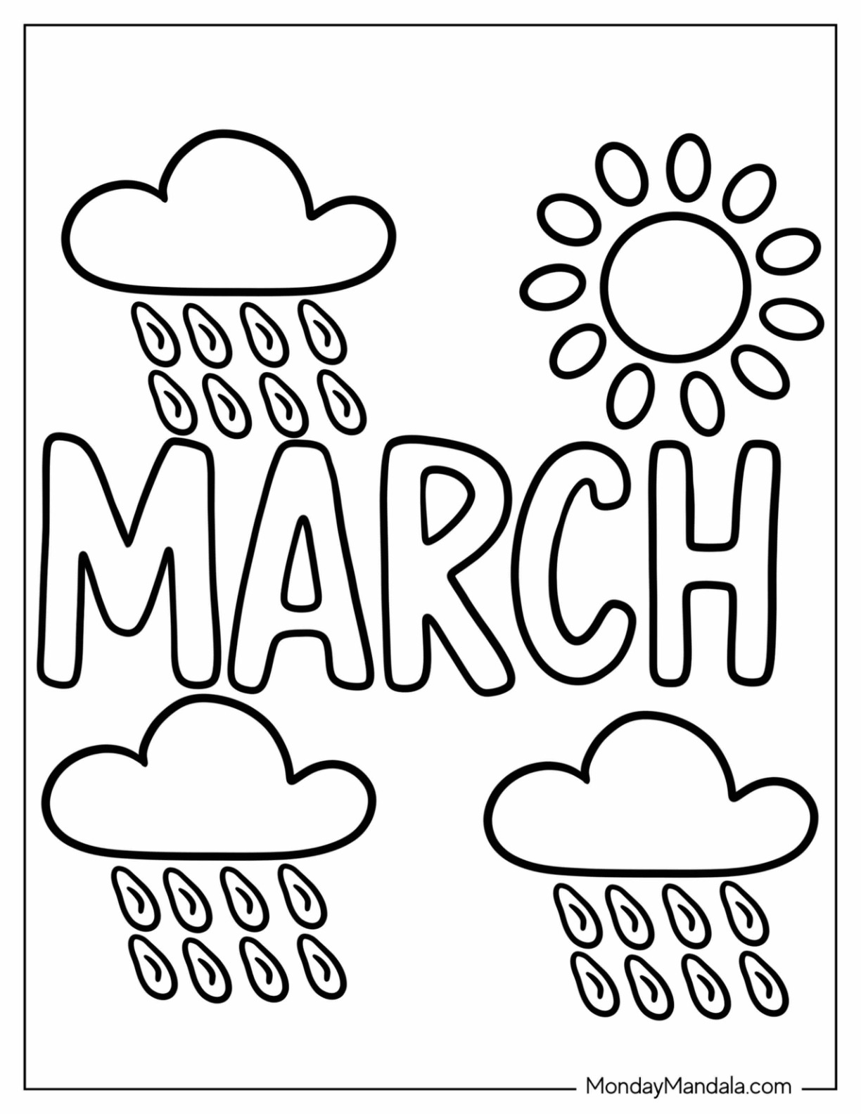 Easy March Coloring Page Word With Weather Elements Coloring For Kids coloring page — printable line art