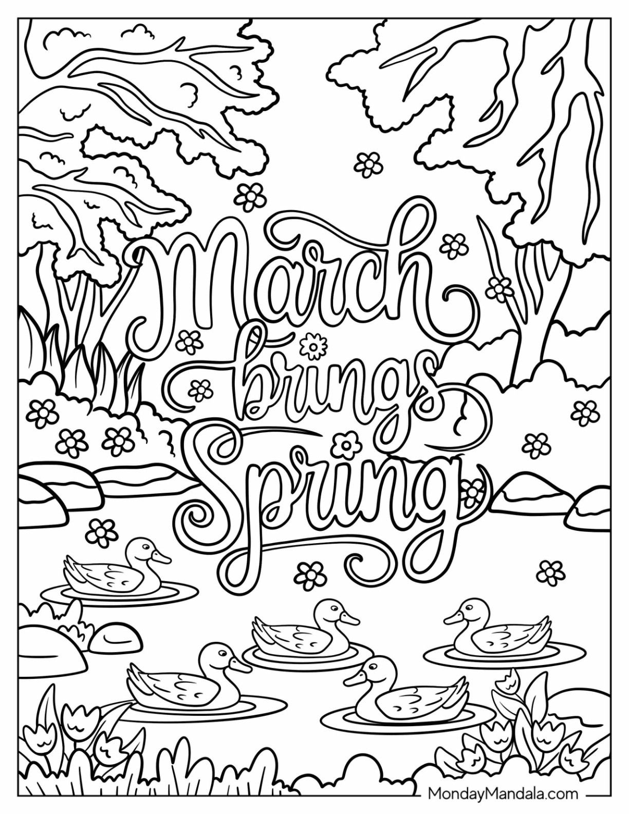 Floral March Coloring Page Brings Spring Words Over Ducks On A Pond coloring page — printable line art