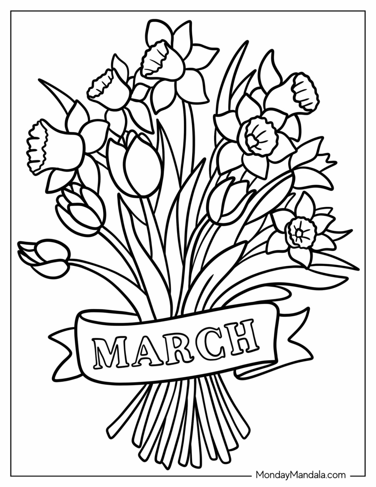 Flower Bouquet With March Coloring Page Banner coloring page — printable line art