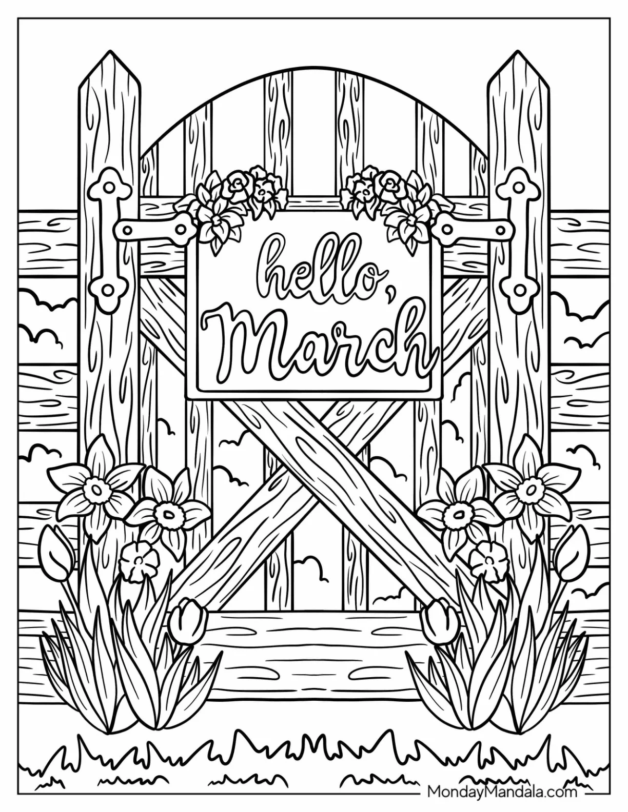 Hello March Coloring Page Signage On A Wooden Gate coloring page — printable line art