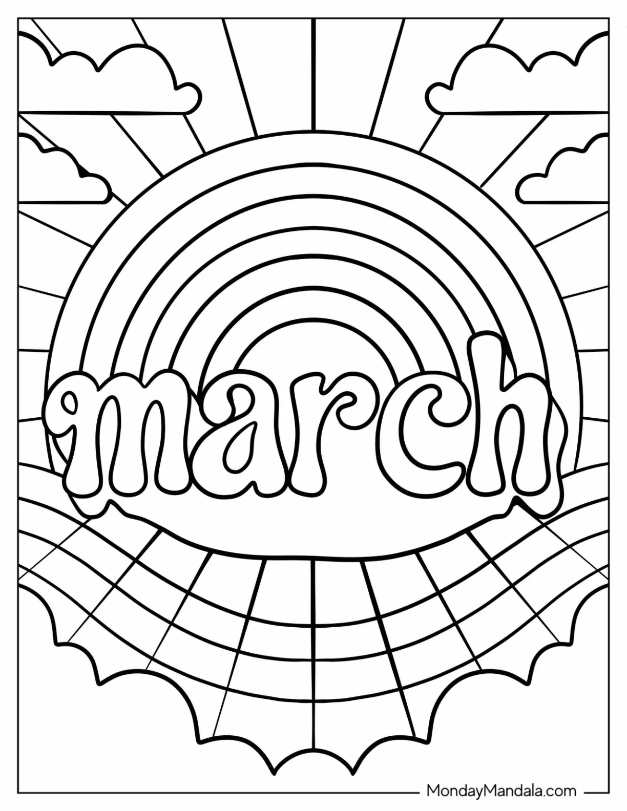 Hippy March Coloring Page Word With Rainbow And Clouds For Kids coloring page — printable line art