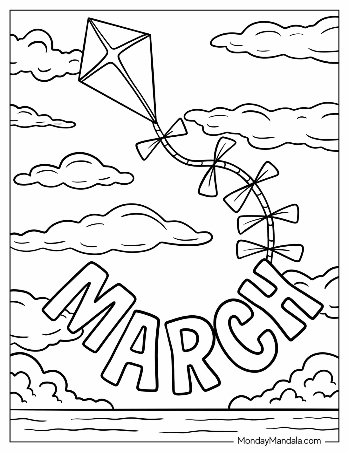 Kite In The Sky With March Coloring Page Word Attached To It coloring page — printable line art