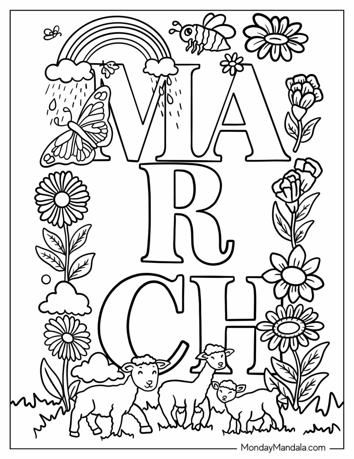 Large March Coloring Page Words Surrounded By Flowers coloring page — printable line art