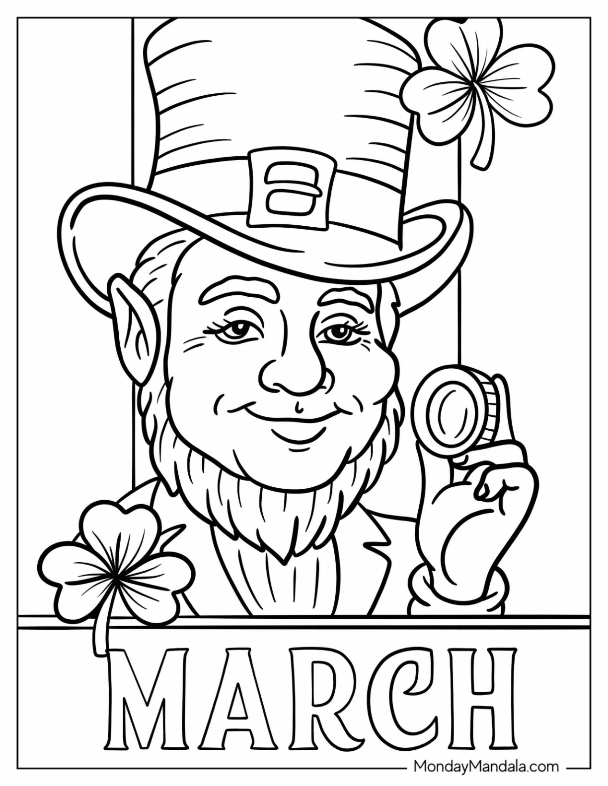 Leprechaun Holding Up A Gold Coin In March Coloring Page coloring page
