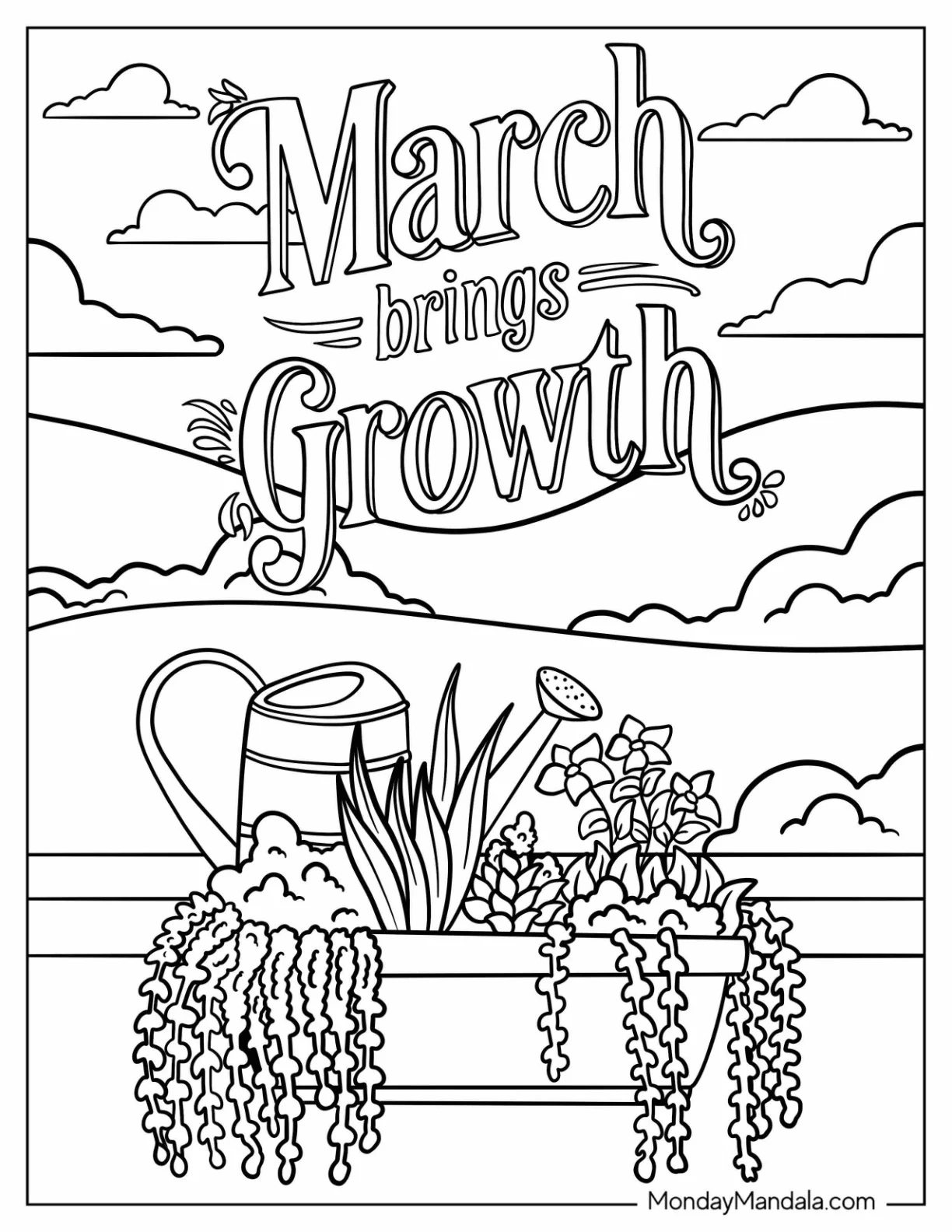 March Coloring Page Brings Growth Words Above Watering Can And Flowers coloring page