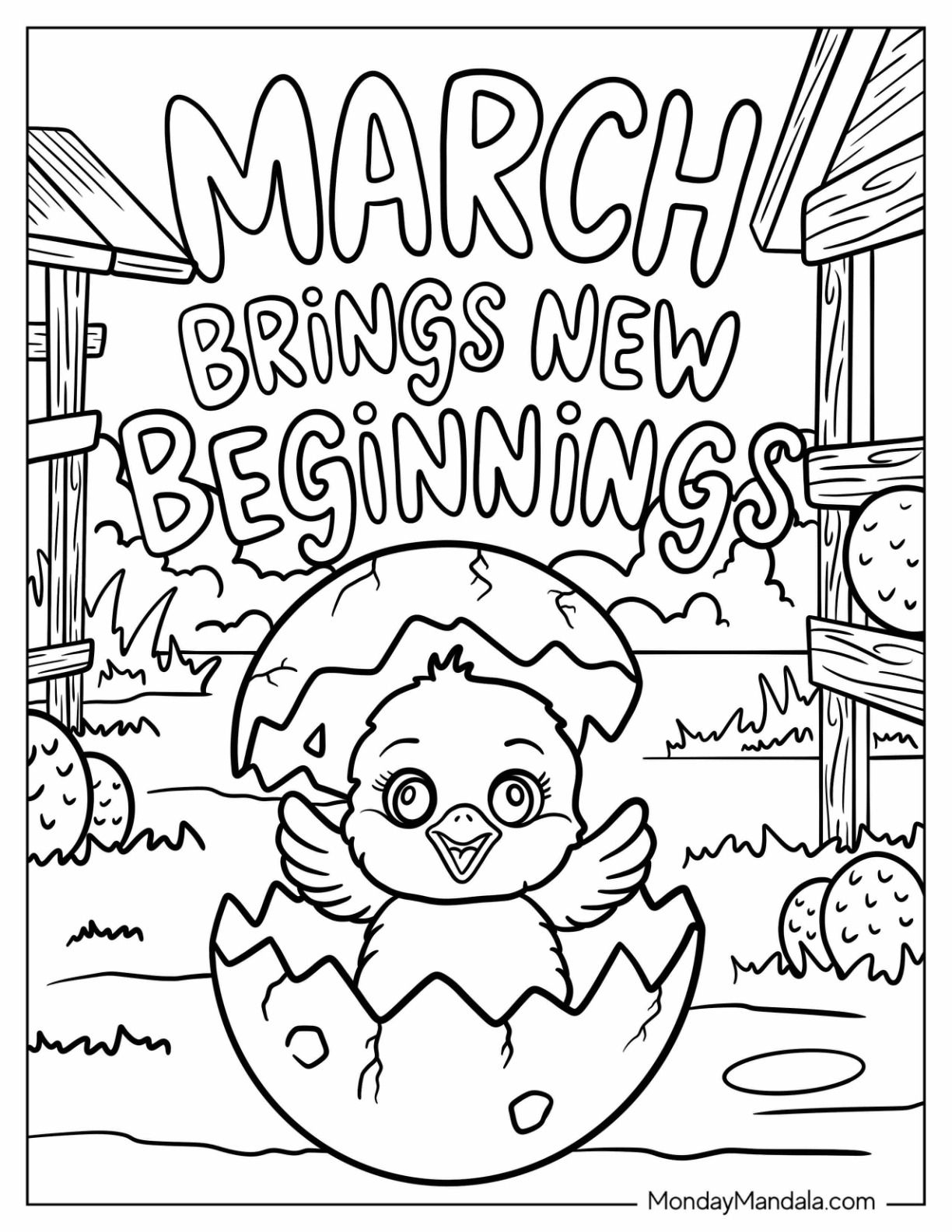 March Coloring Page Brings New Beginnings With Chick Hatching From Egg coloring page