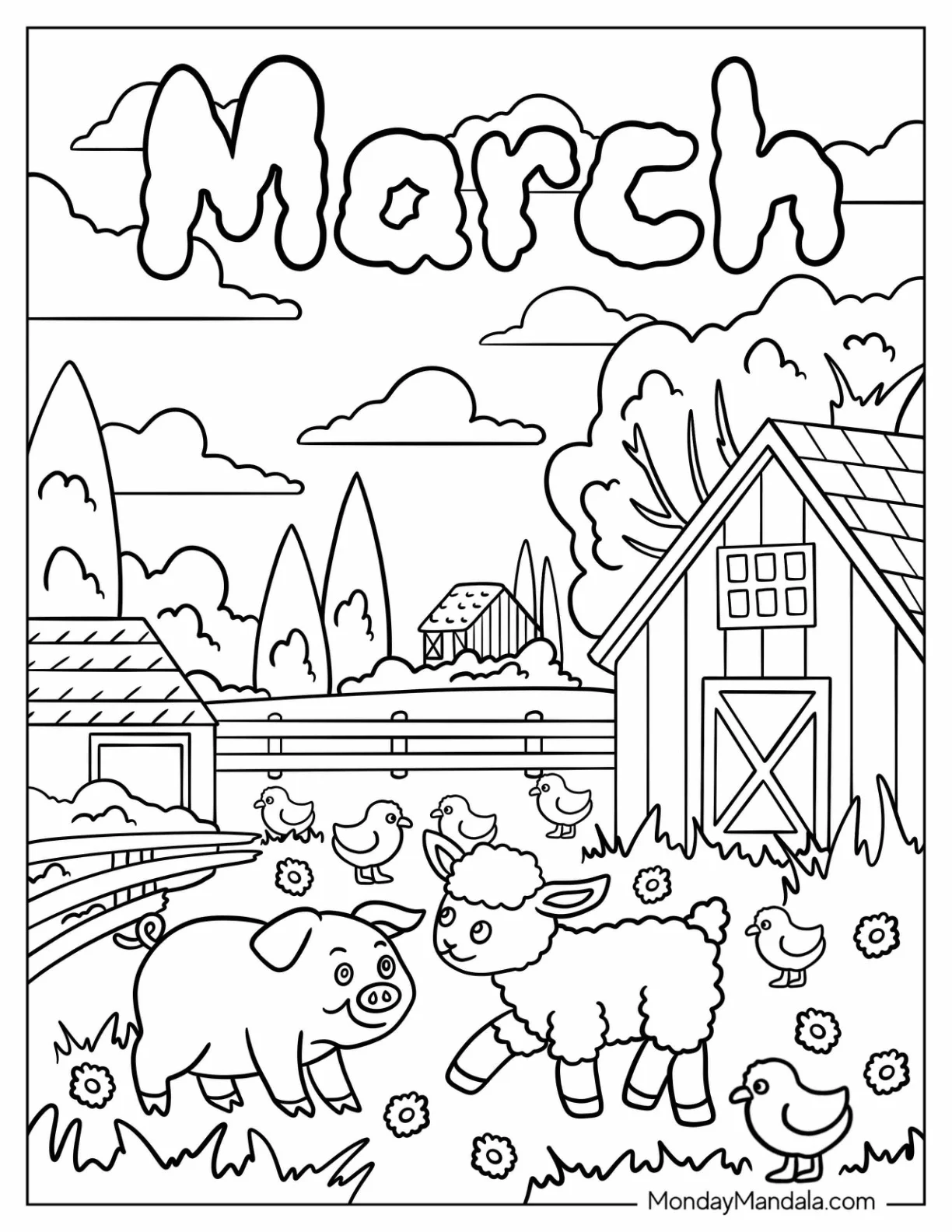 March Coloring Page Clouds Over A Farm For Kids coloring page — printable line art