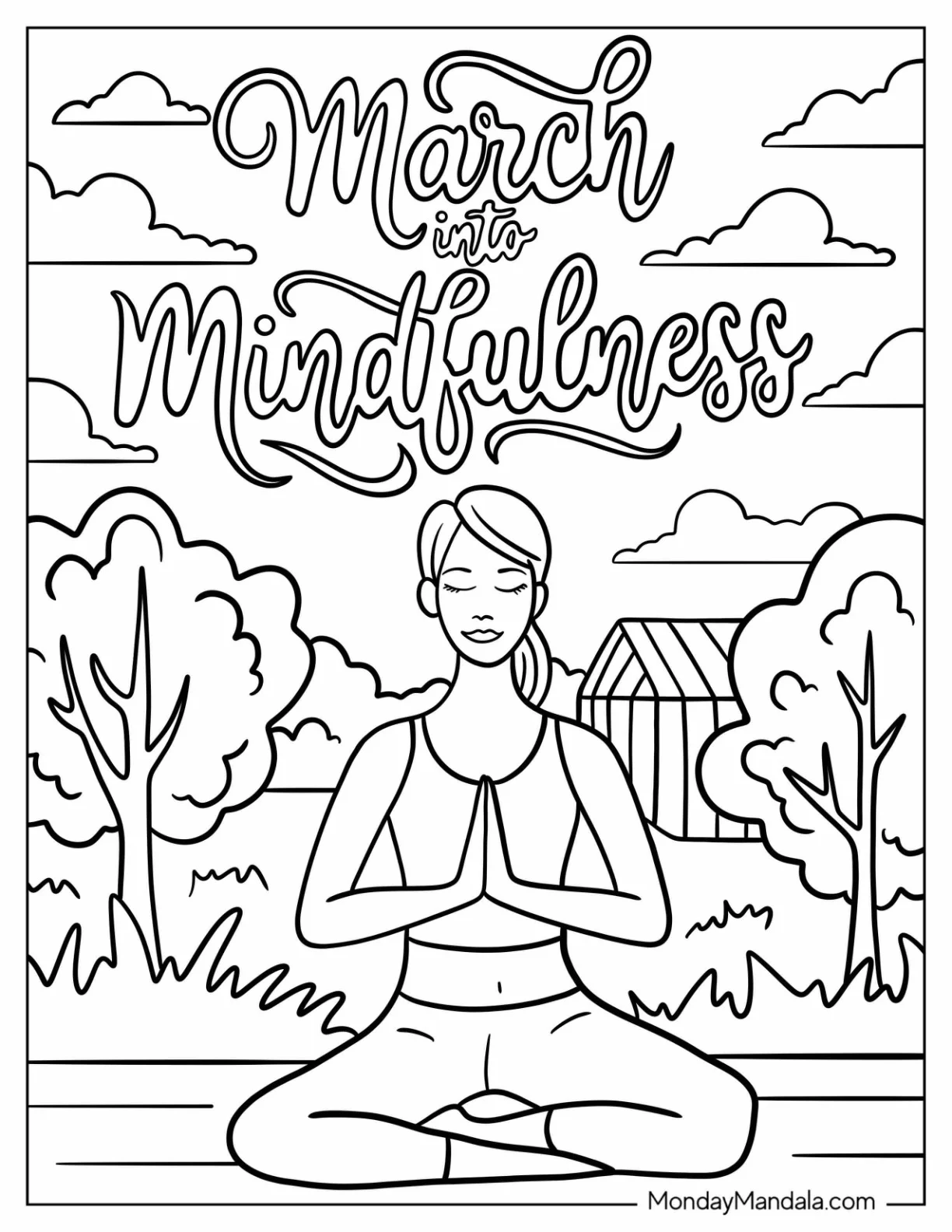 March Coloring Page Into Mindfulness Words Above Woman Mediating coloring page