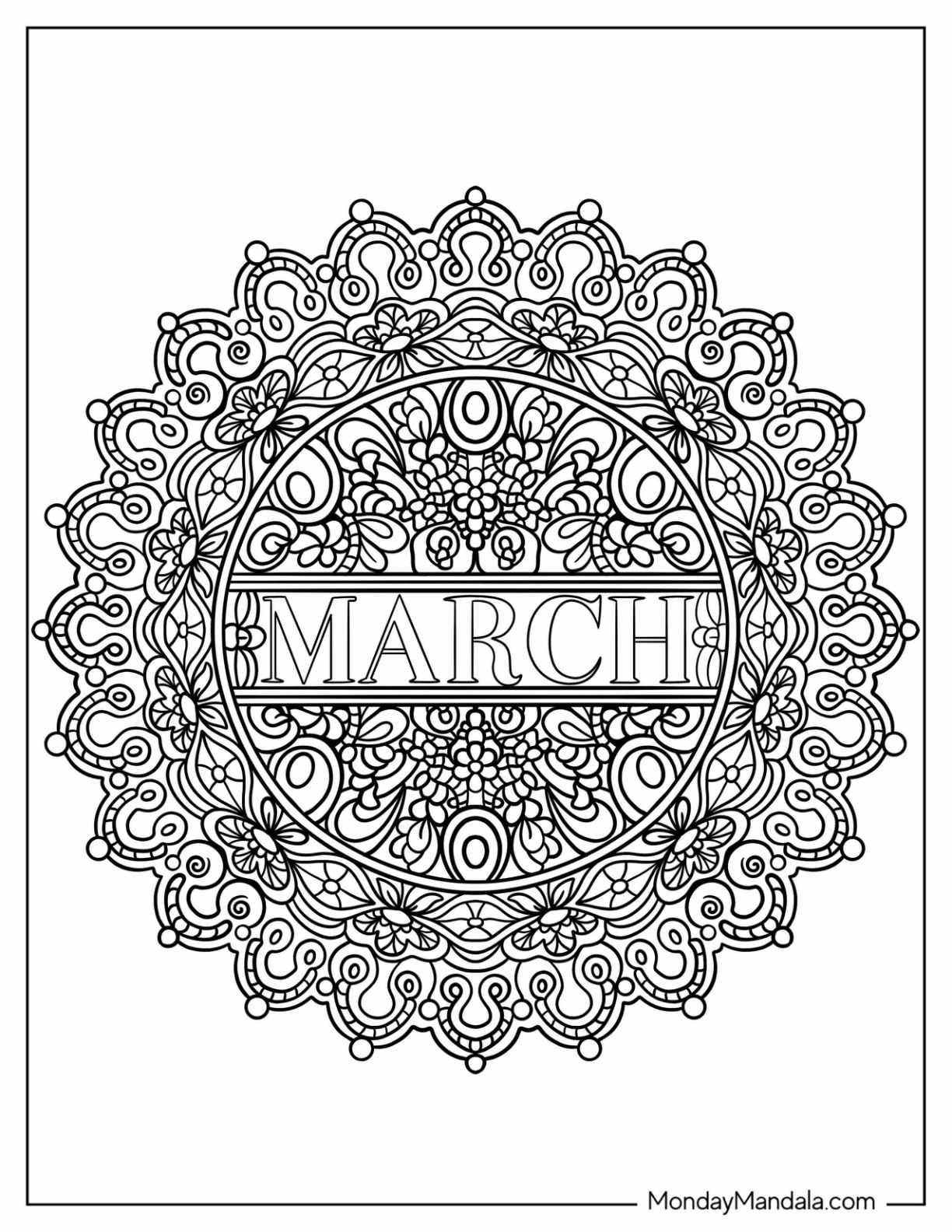 March Coloring Page Of Intricate Flower Mandala With March Word In The Middle coloring page