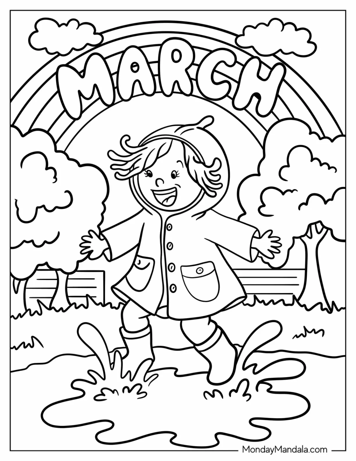 March Coloring Page Rainbow Over A Little Girl Jumping On A Puddle coloring page