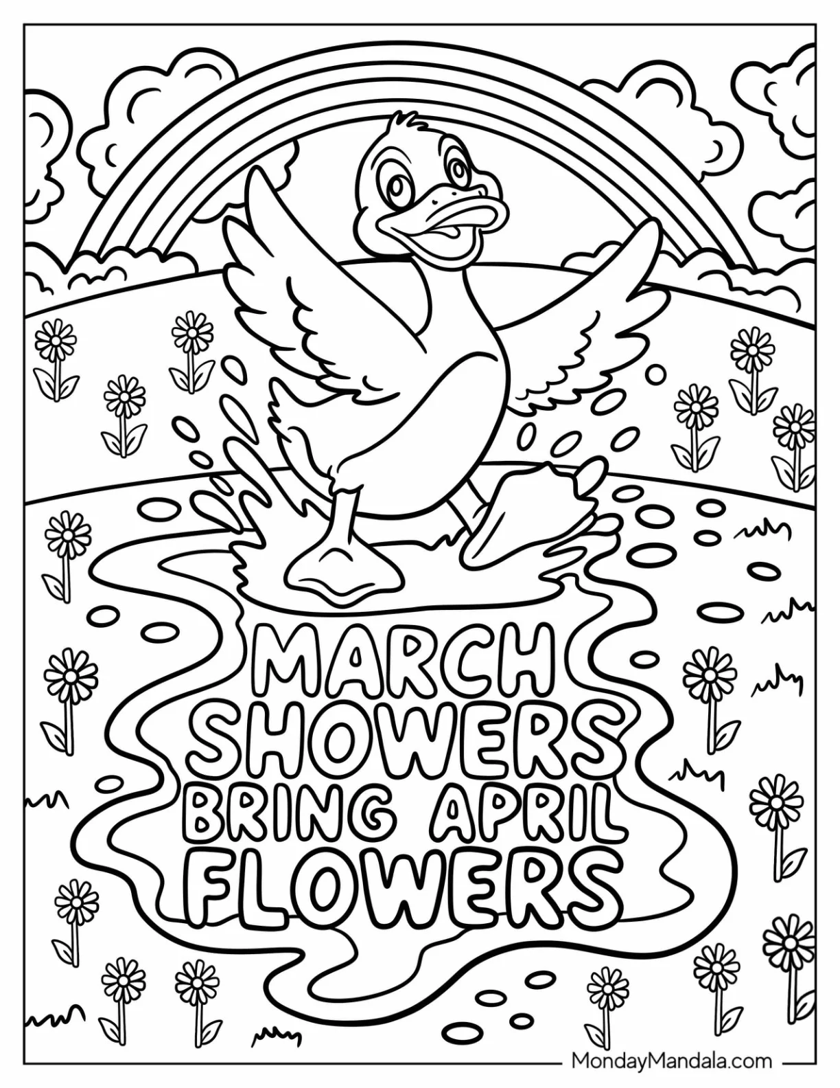 March Coloring Page Showers Bring April Flowers With Duck Playing With Water coloring page