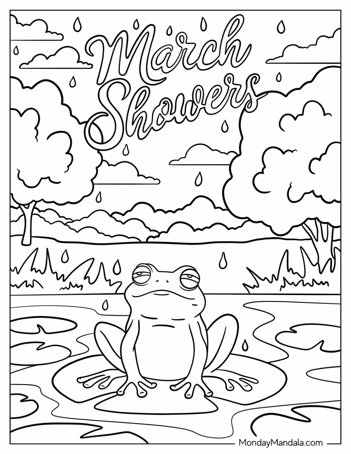 March Coloring Page Showers Over A Frog On A Lily Pod coloring page
