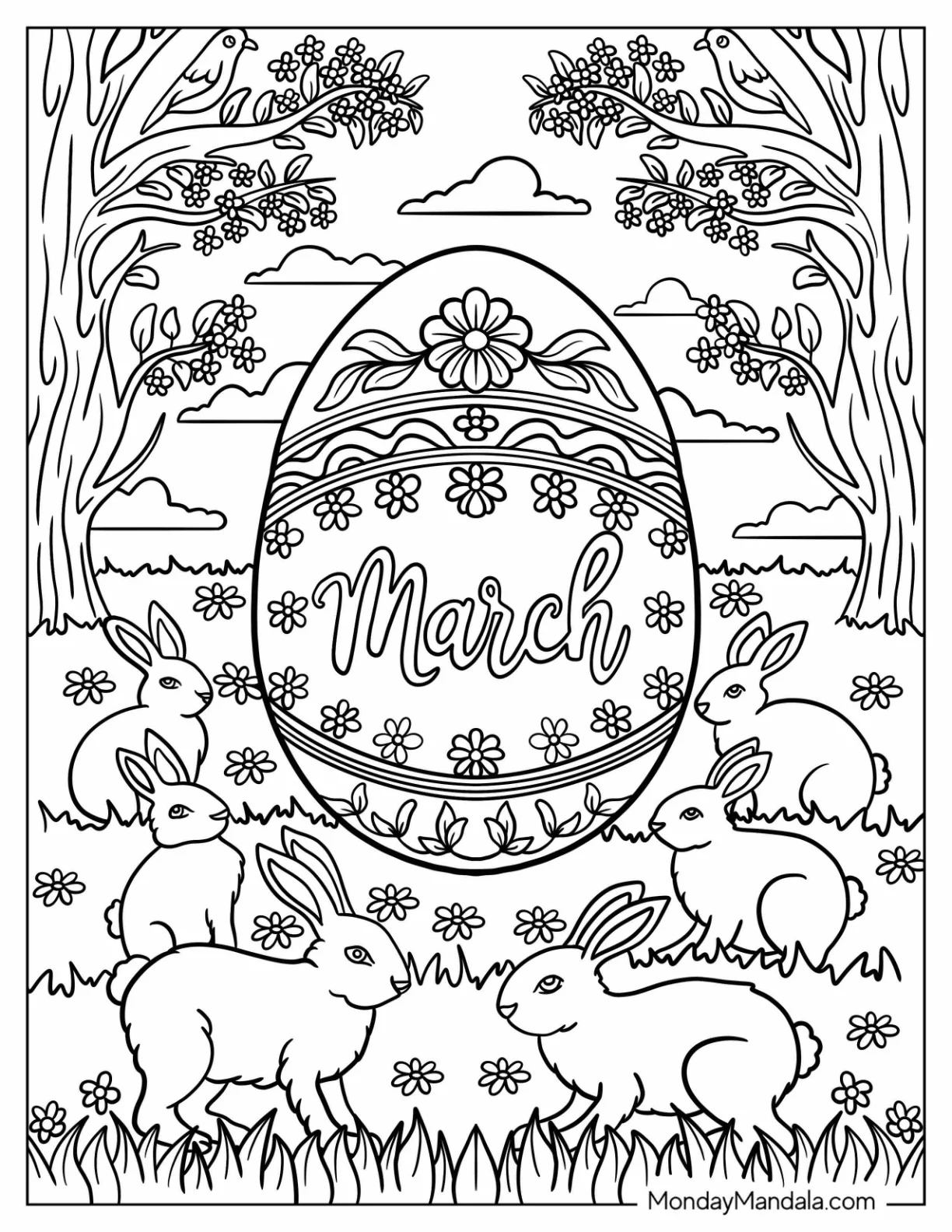 March Coloring Page Word On A Giant Easter Egg Surrounded By Bunnies coloring page
