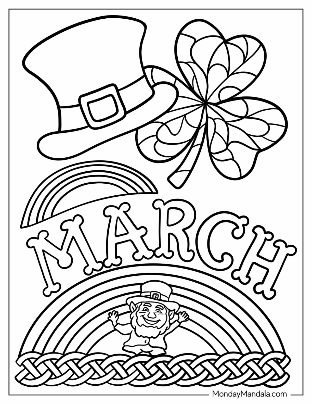Shamrock, Leprechaun Hat, Rainbow, And March Coloring Page Of Word coloring page