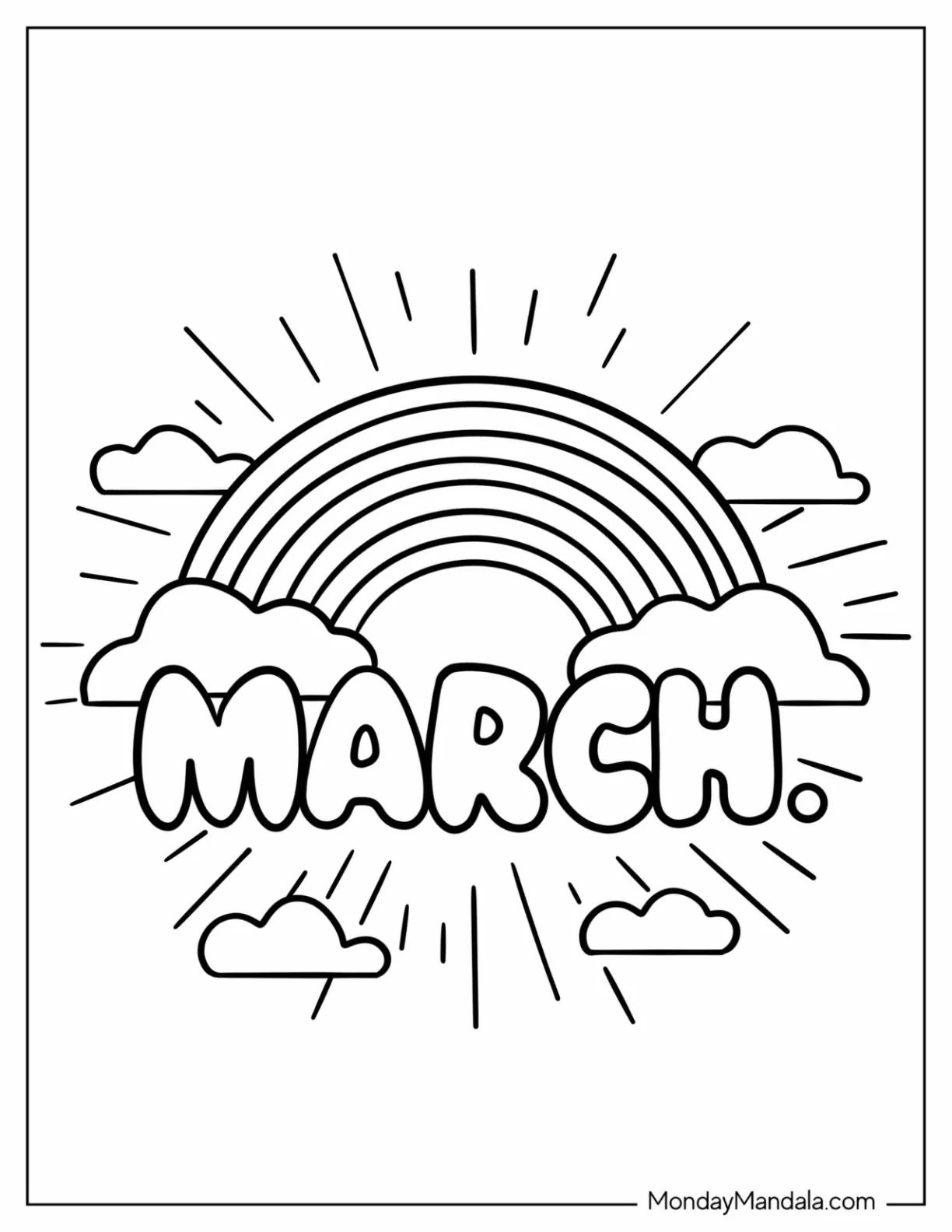 Simple March Coloring Page Word With Rainbow And Clouds For Kids coloring page