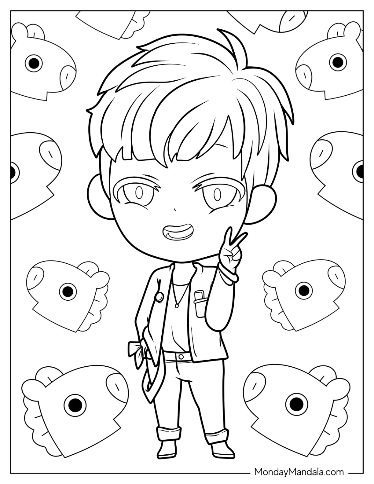 BTS Coloring Page Of Chibi J Hope Making Peace Sign coloring page