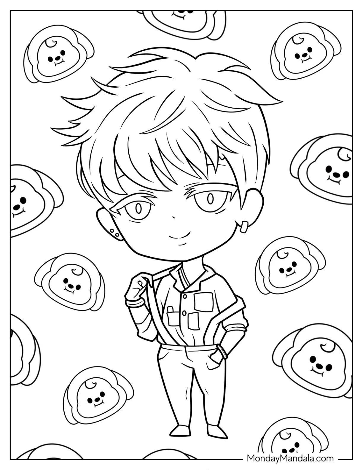 BTS Coloring Page Of Chibi Jimin Wearing Suspenders coloring page — printable line art