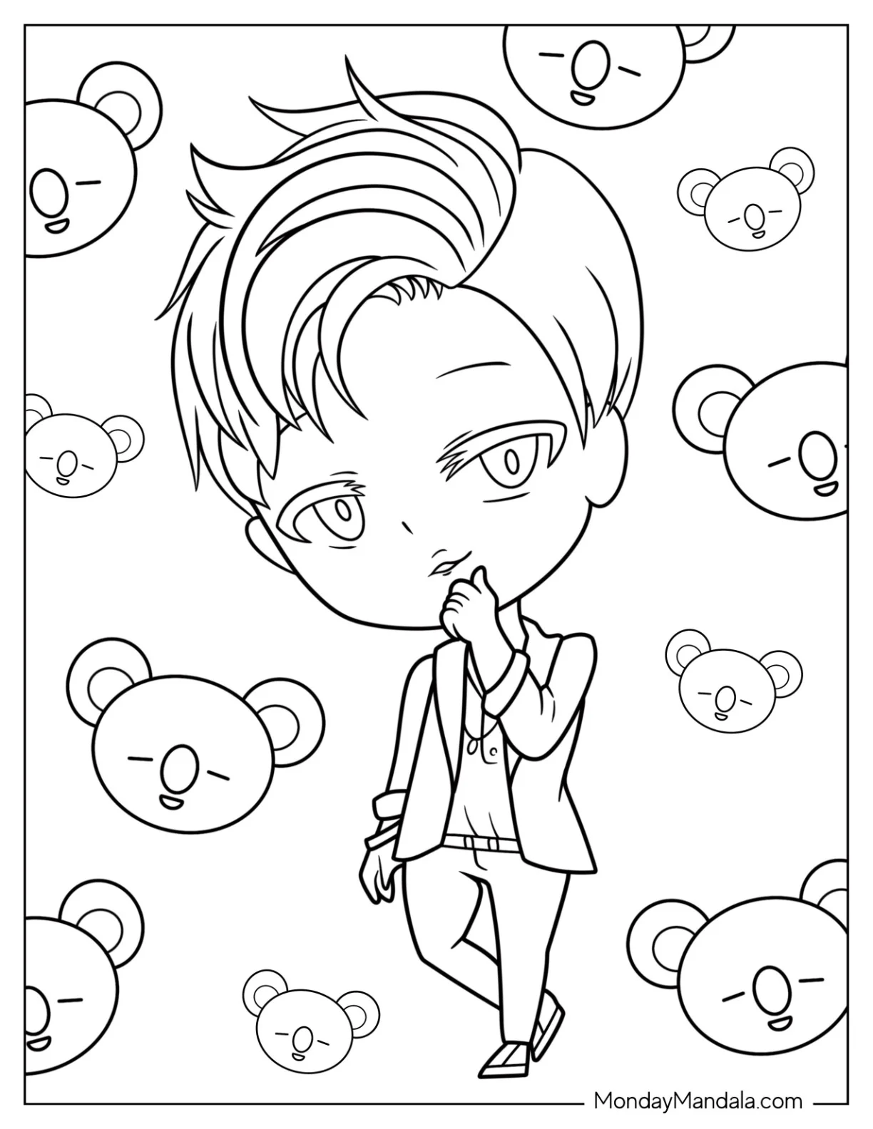 BTS Coloring Page Of Cute RM Holding Chin coloring page — printable line art