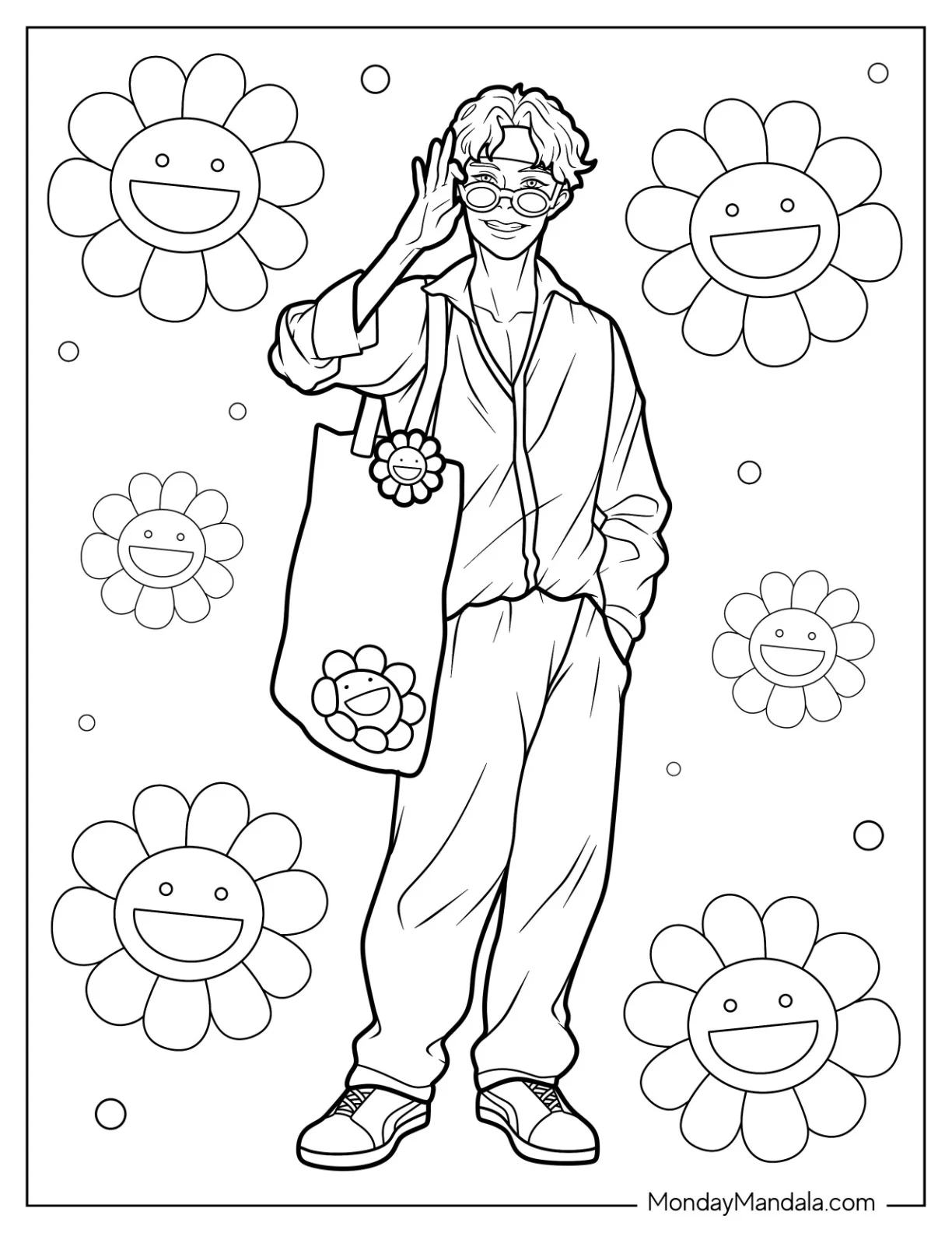 BTS Coloring Page Of J Hope Smiling While Holding Sunglasses coloring page — printable line art