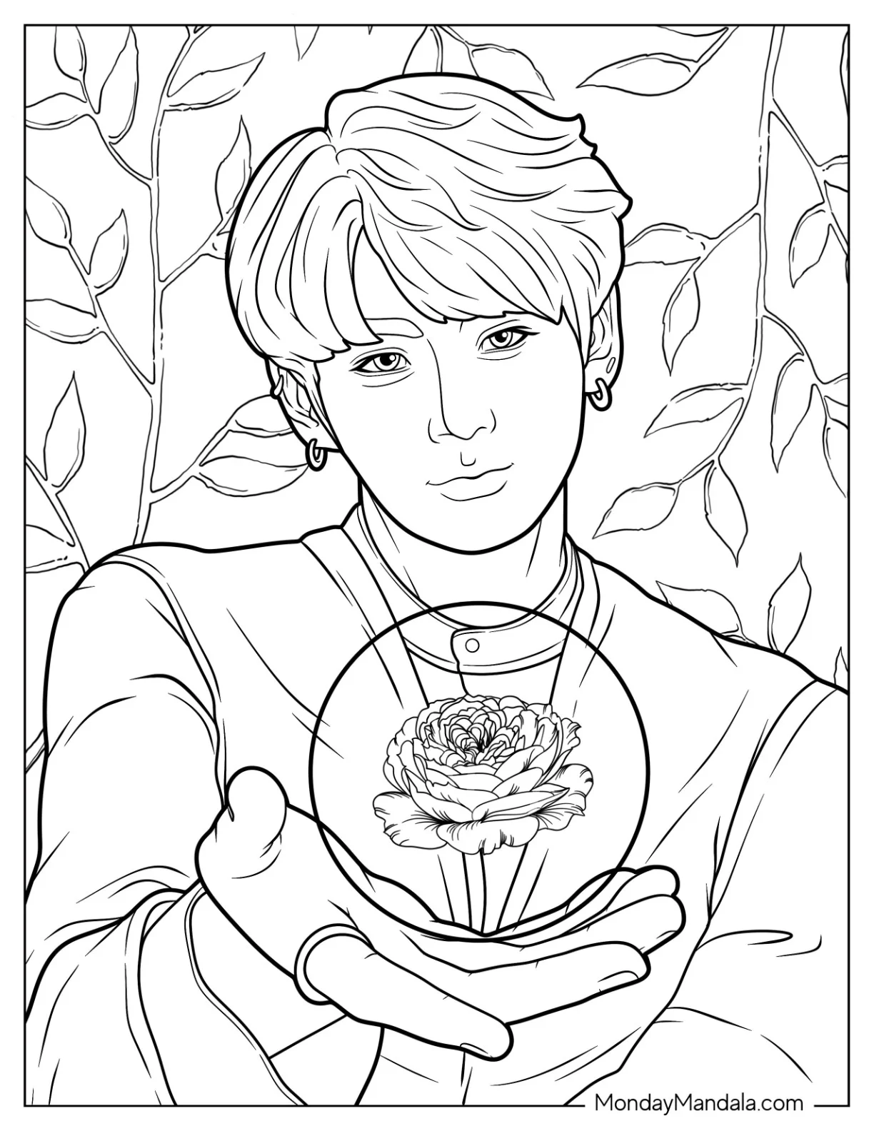 BTS Coloring Page Of Realistic Jungkook Portrait Holding Rose coloring page