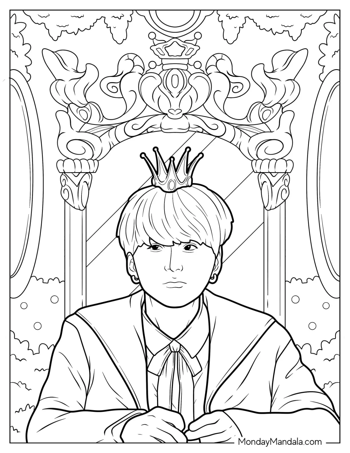 BTS Coloring Page Of Suga Wearing Crown In Front Of Mirror coloring page