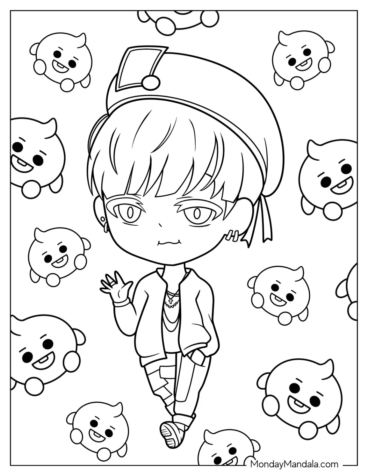 Chibi BTS Coloring Page Of Suga Waving For Preschoolers coloring page