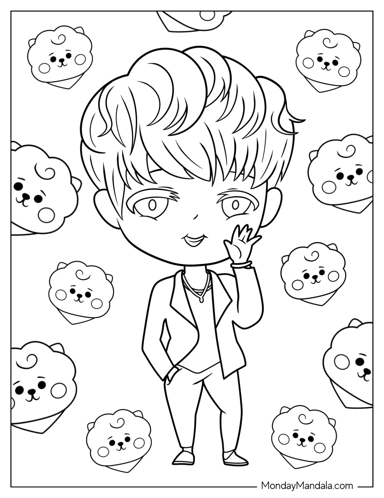Chibi BTS Jin Waving Coloring Sheet For Kids coloring page