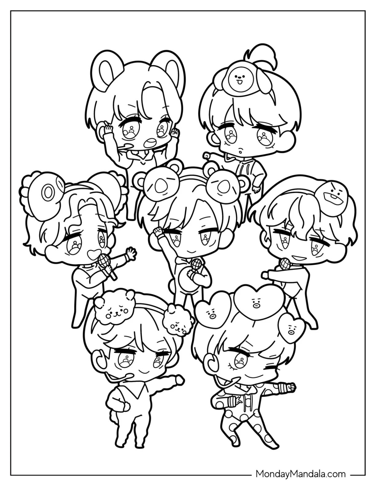 Chibi BTS Members With Kawaii Headbands coloring page — printable line art