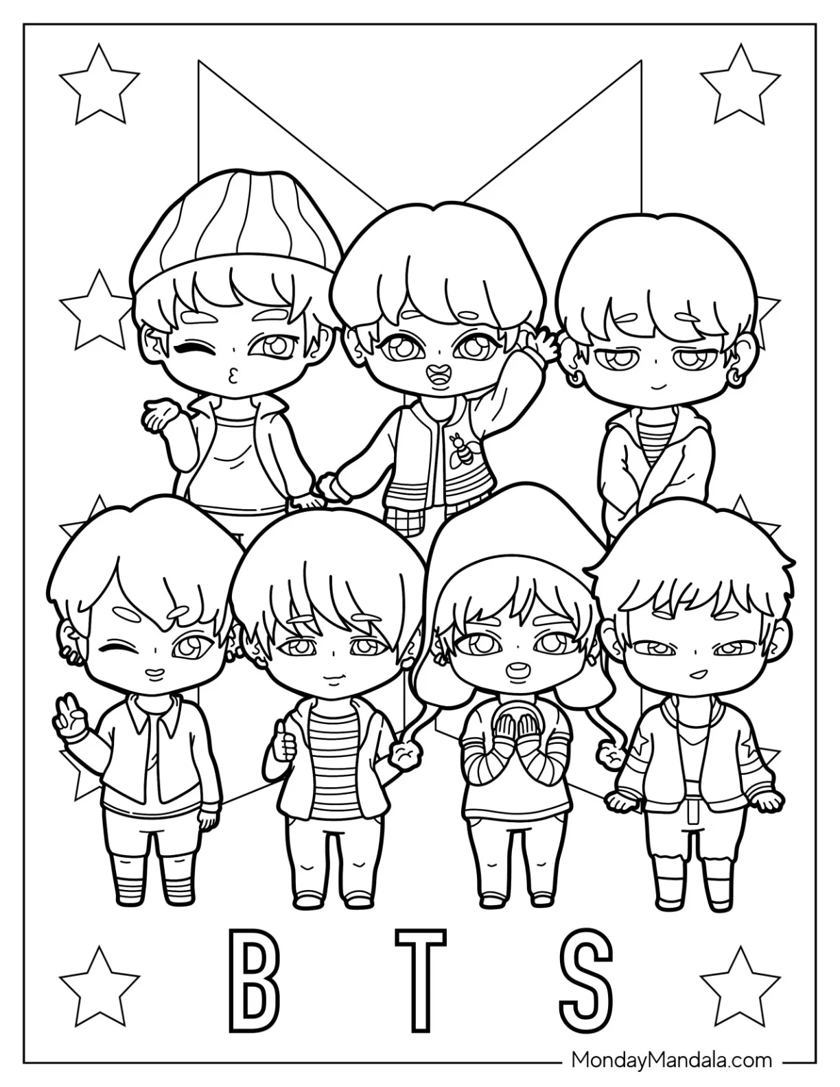 Kawaii BTS Coloring Page Of Jungkook, V, Jimin, Suga, J Hope, RM, And Jin coloring page
