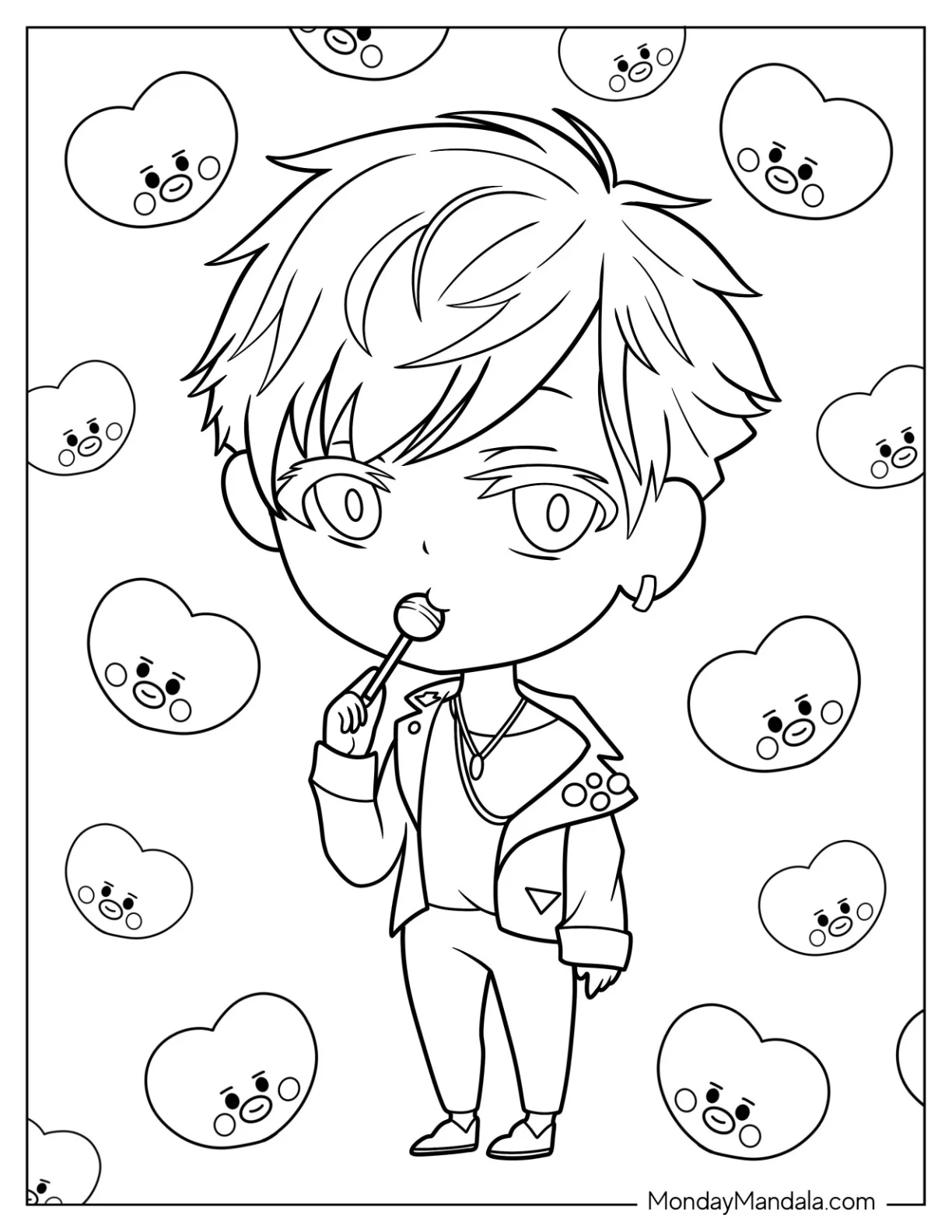 Kawaii BTS Coloring Page Of V Eating Lollipop coloring page